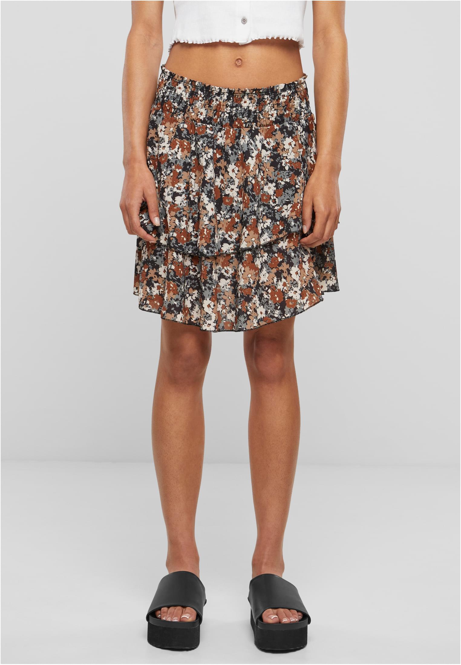 Cloud5ive Damen Rock Mini Stufenrock Blumen Print 2-lagig black/multicolor L - alternate variant 1