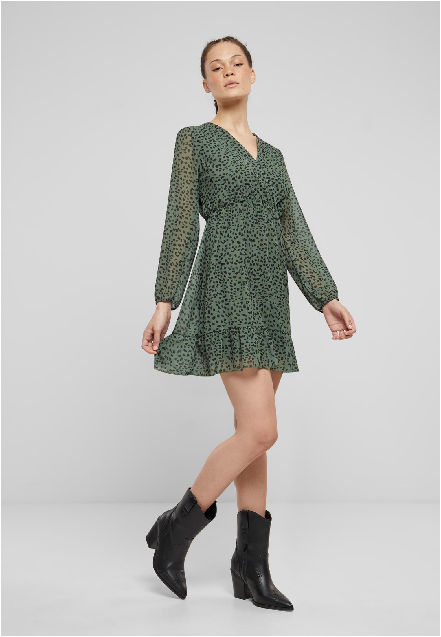 Cloud5ive Damen V-Neck Chiffon Kleid in Wickeloptik mit Leo Print dark green L - variant image 4