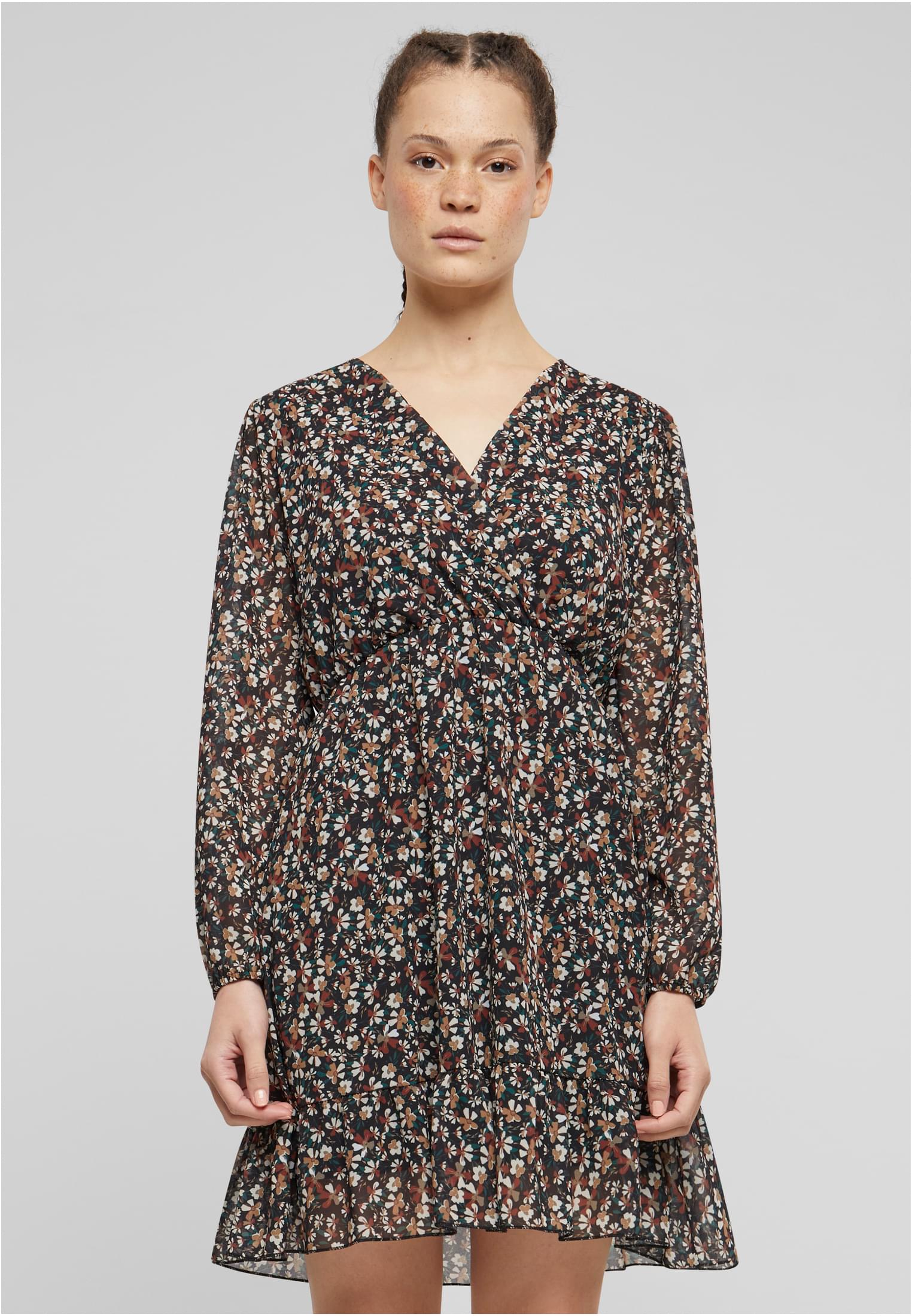 Cloud5ive Damen Chiffon Kleid mit V-Neck und Wickeloptik Blumen Print black/multicolor L - alternate variant 1