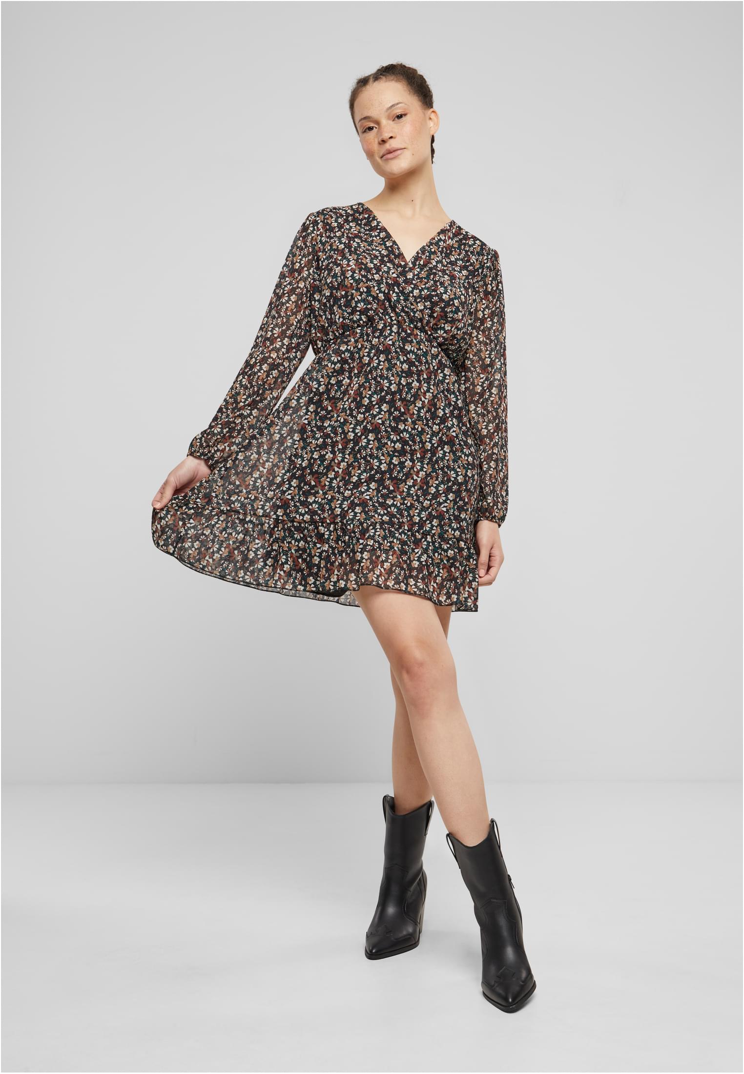 Cloud5ive Damen Chiffon Kleid mit V-Neck und Wickeloptik Blumen Print black/multicolor L - variant image 4