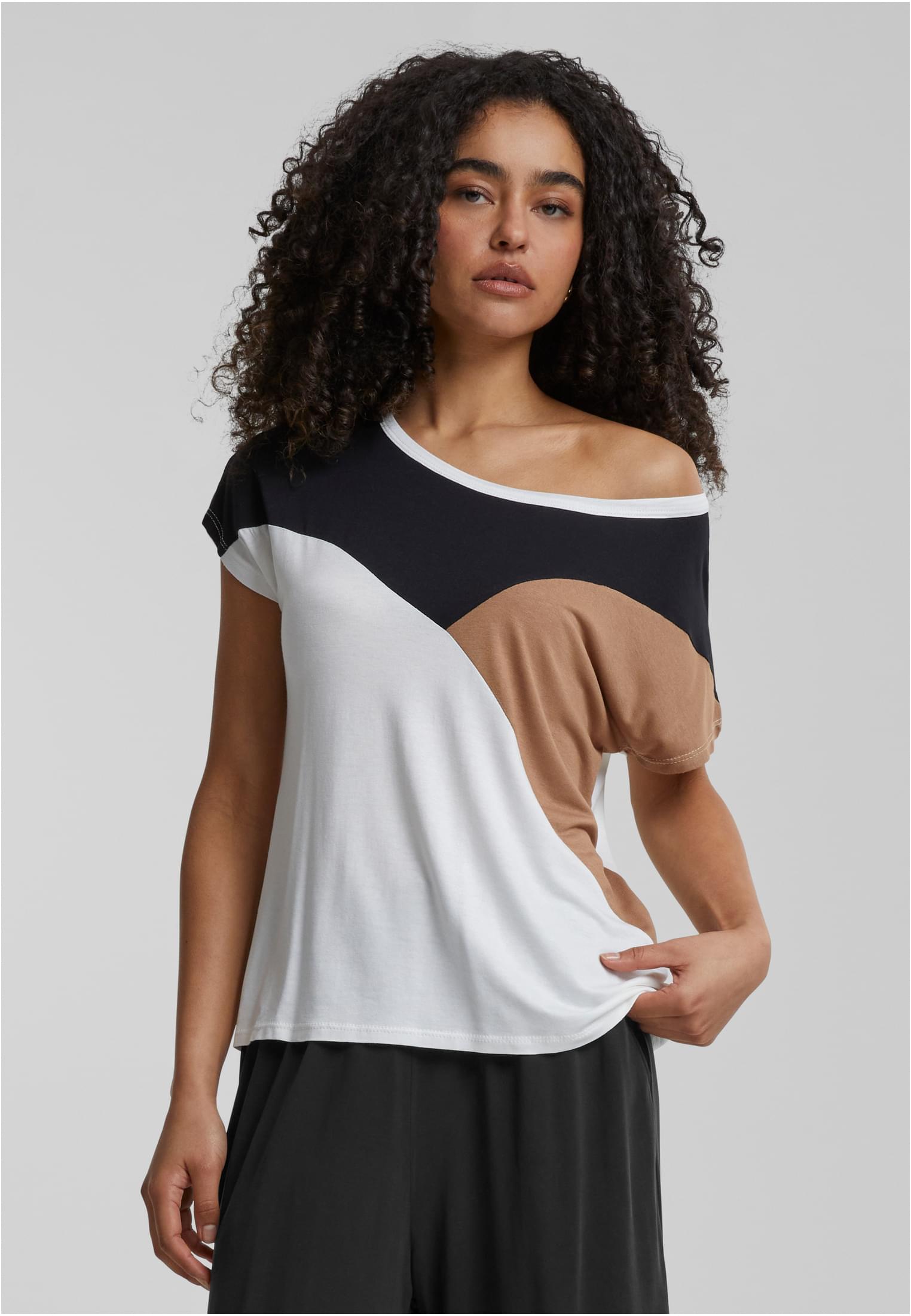 Cloud5ive Damen Viskose Colorblock T-Shirt camel brown/black L
 - alternate variant 1