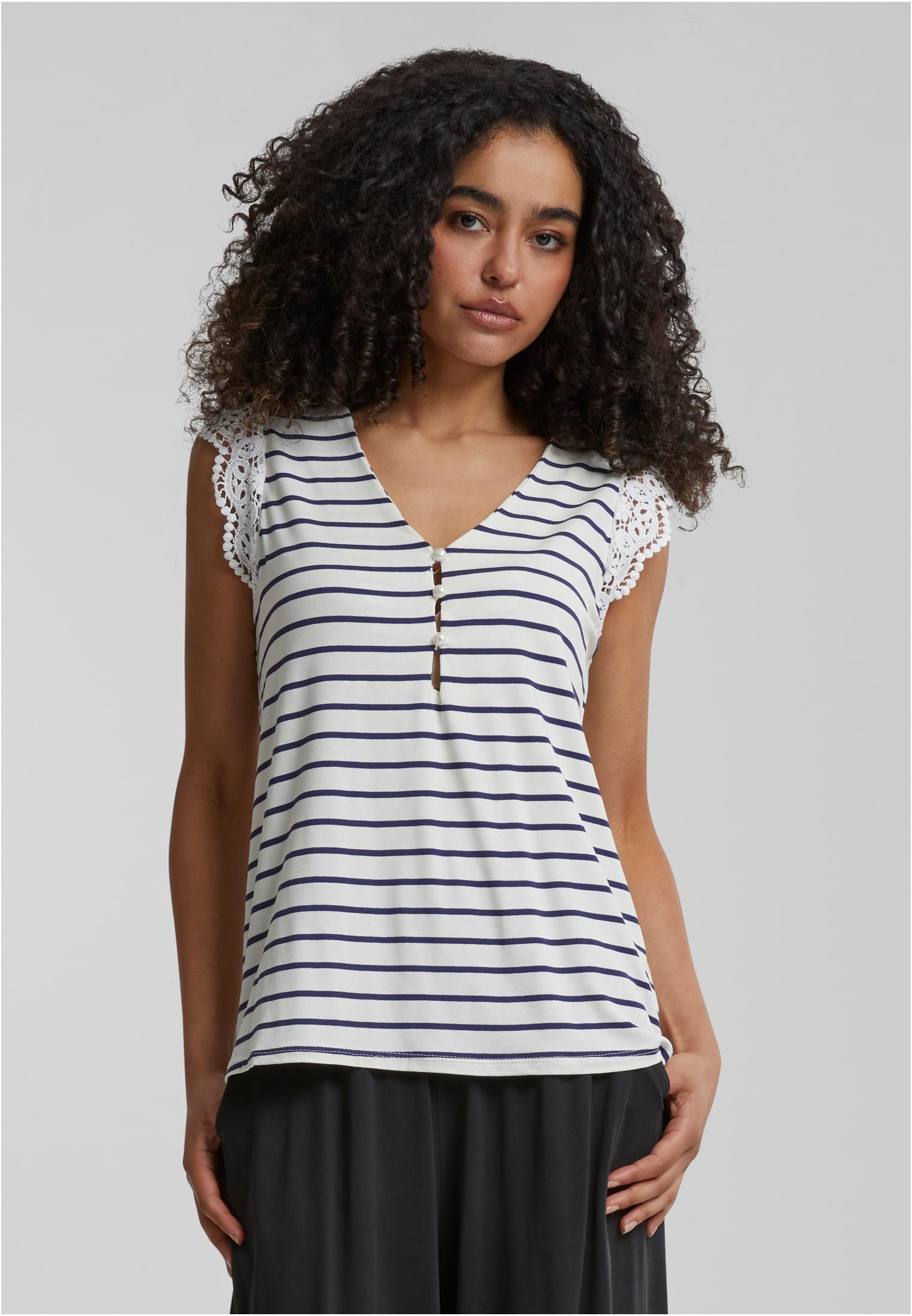 Cloud5ive Damen Viskose Top mit Spitzen-Details u. Knöpfen white/navy L - alternate variant 1