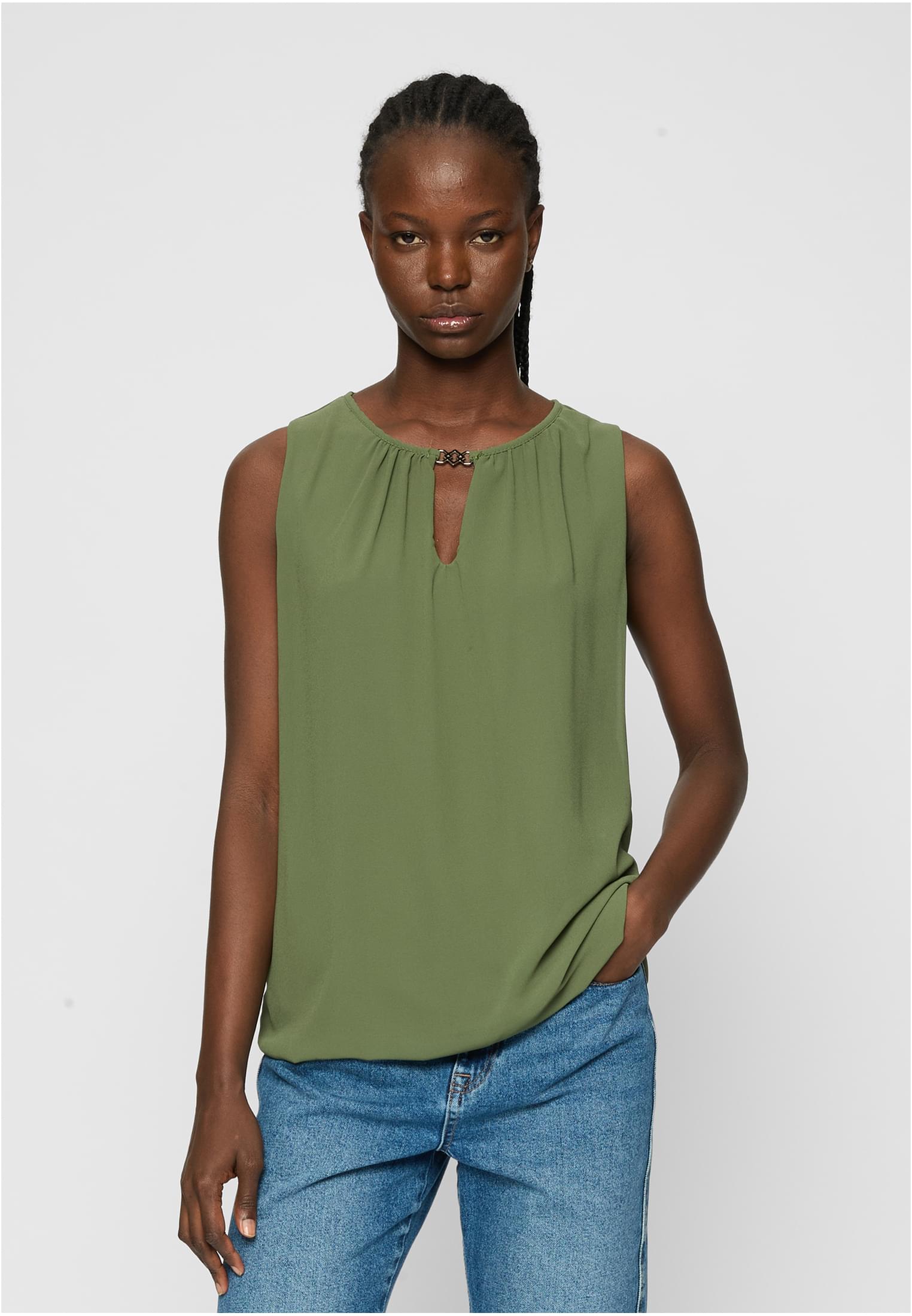 Cloud5ive Damen Chiffon Top mit Schlüsselloch-Kragen und Deko-Schnalle military green L - alternate variant 1