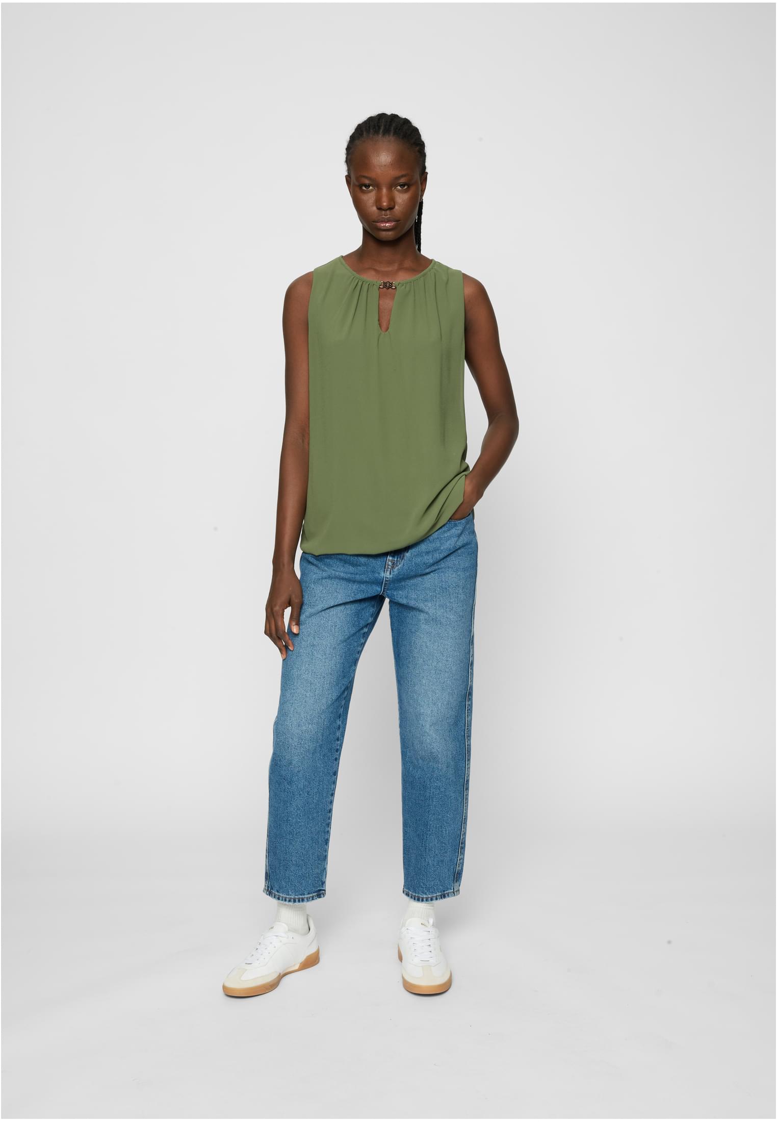 Cloud5ive Damen Chiffon Top mit Schlüsselloch-Kragen und Deko-Schnalle military green L - variant image 2