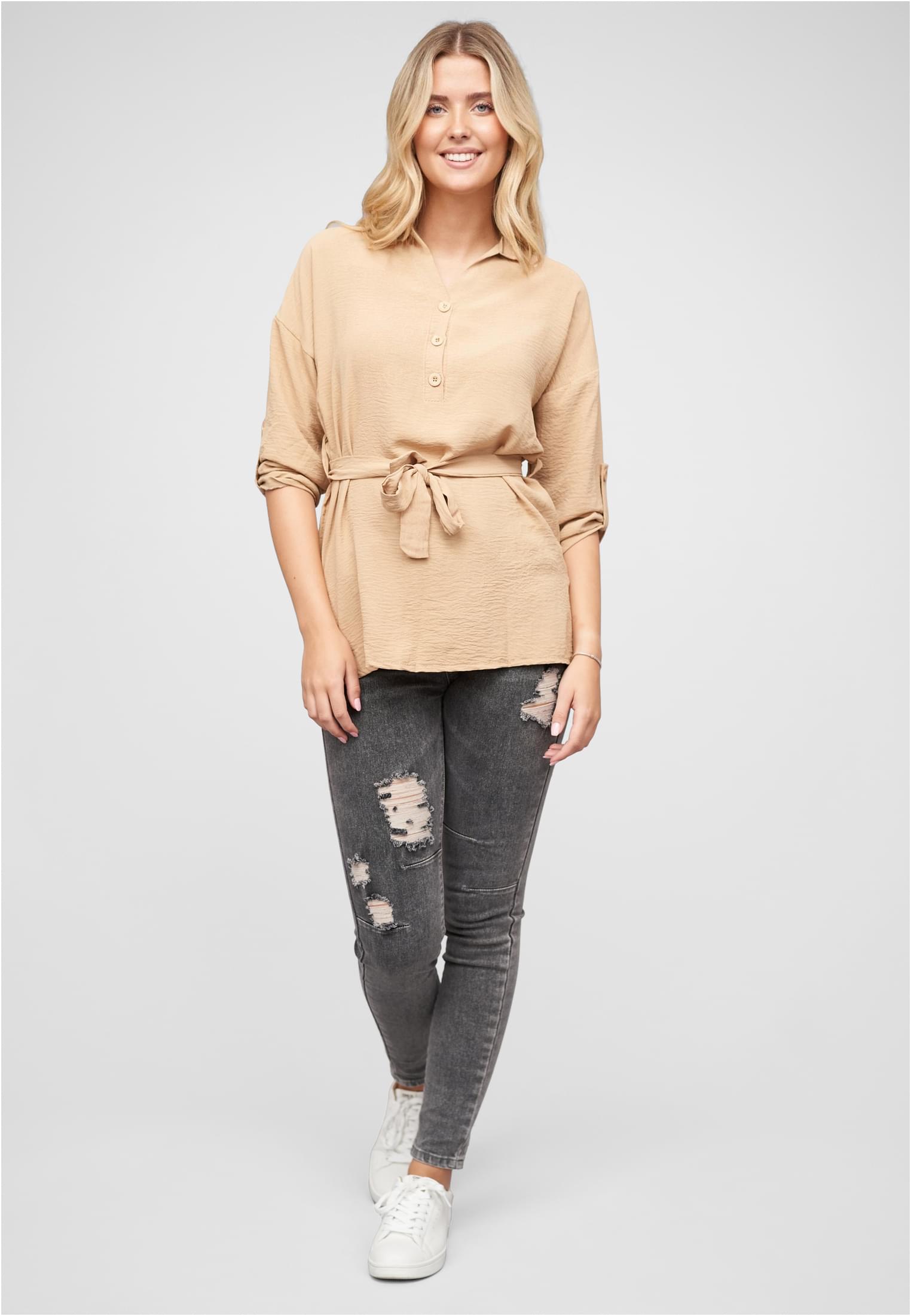 Turn-Up Kleid mit Bindedetail Tunika beige L - variant image 4