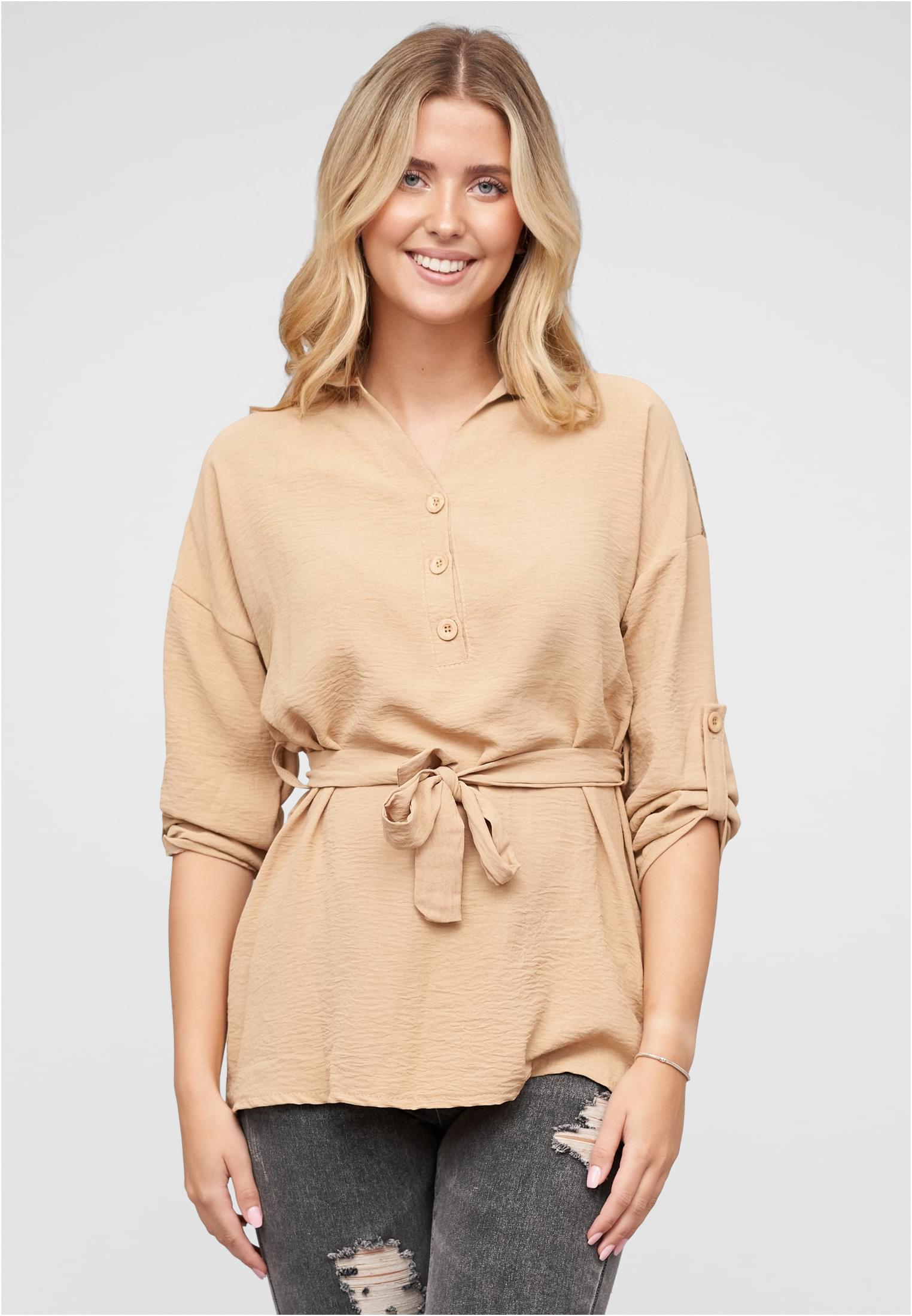 Turn-Up Kleid mit Bindedetail Tunika beige L - alternate variant 1
