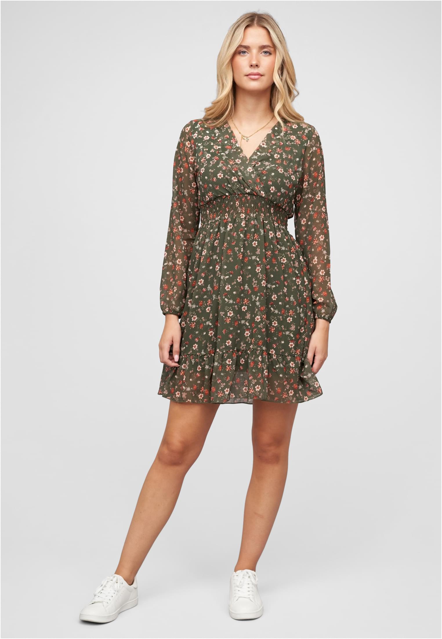 V-Neck Chiffon Kleid mit Taillengummizug green L - variant image 4