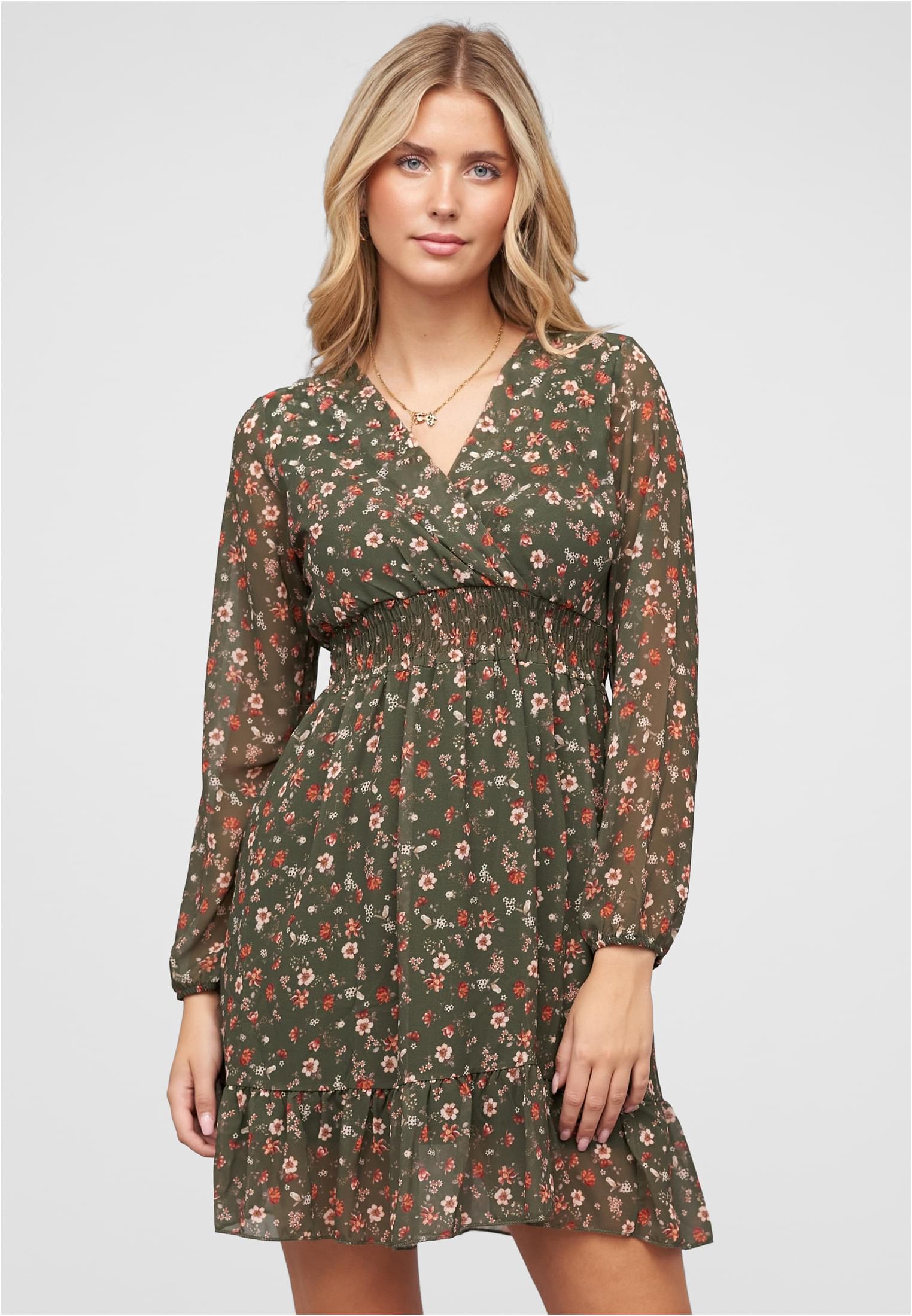V-Neck Chiffon Kleid mit Taillengummizug green L - alternate variant 1
