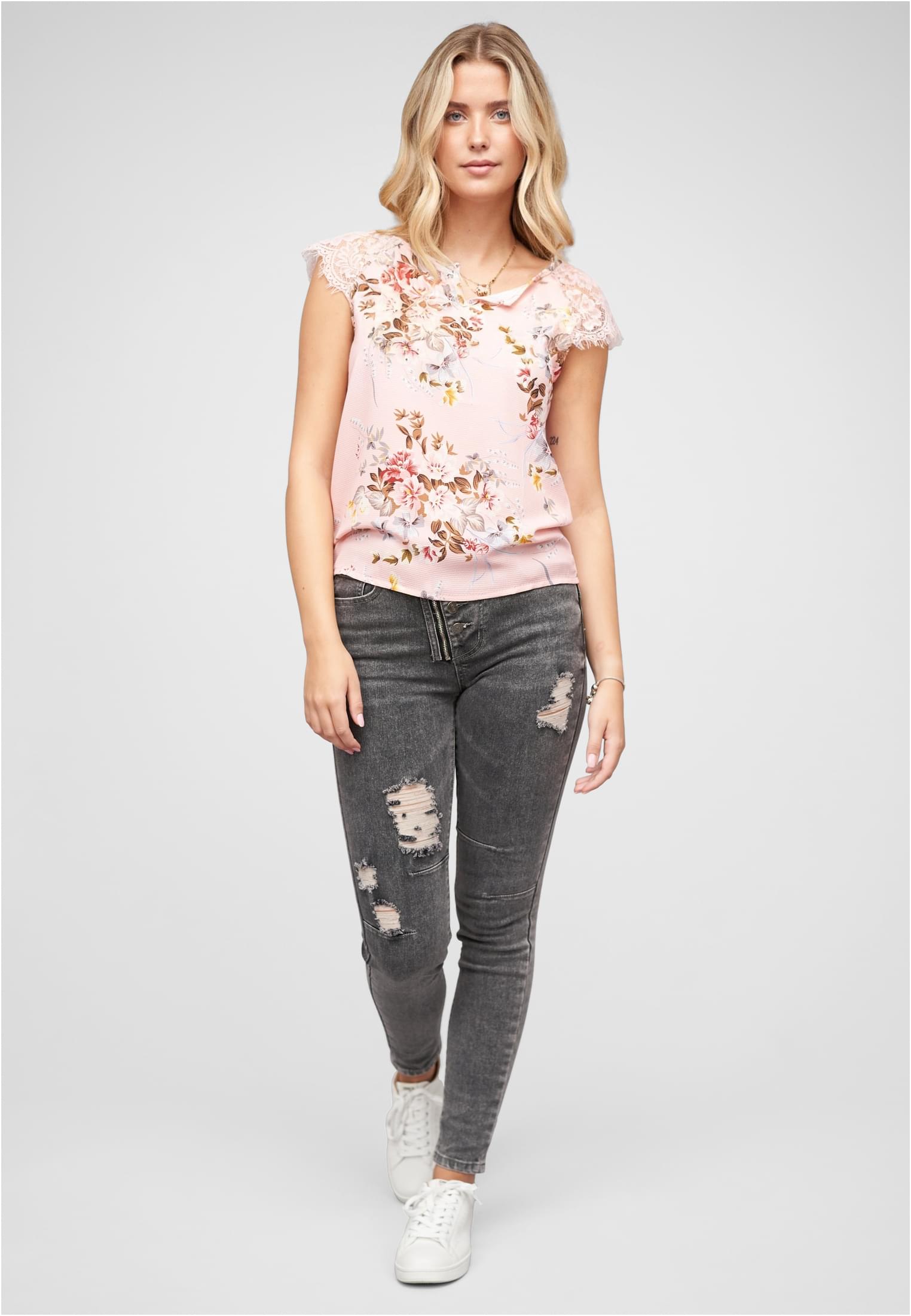 Spitzen Top mit V-Neck und Blumen Print rosa L - variant image 4