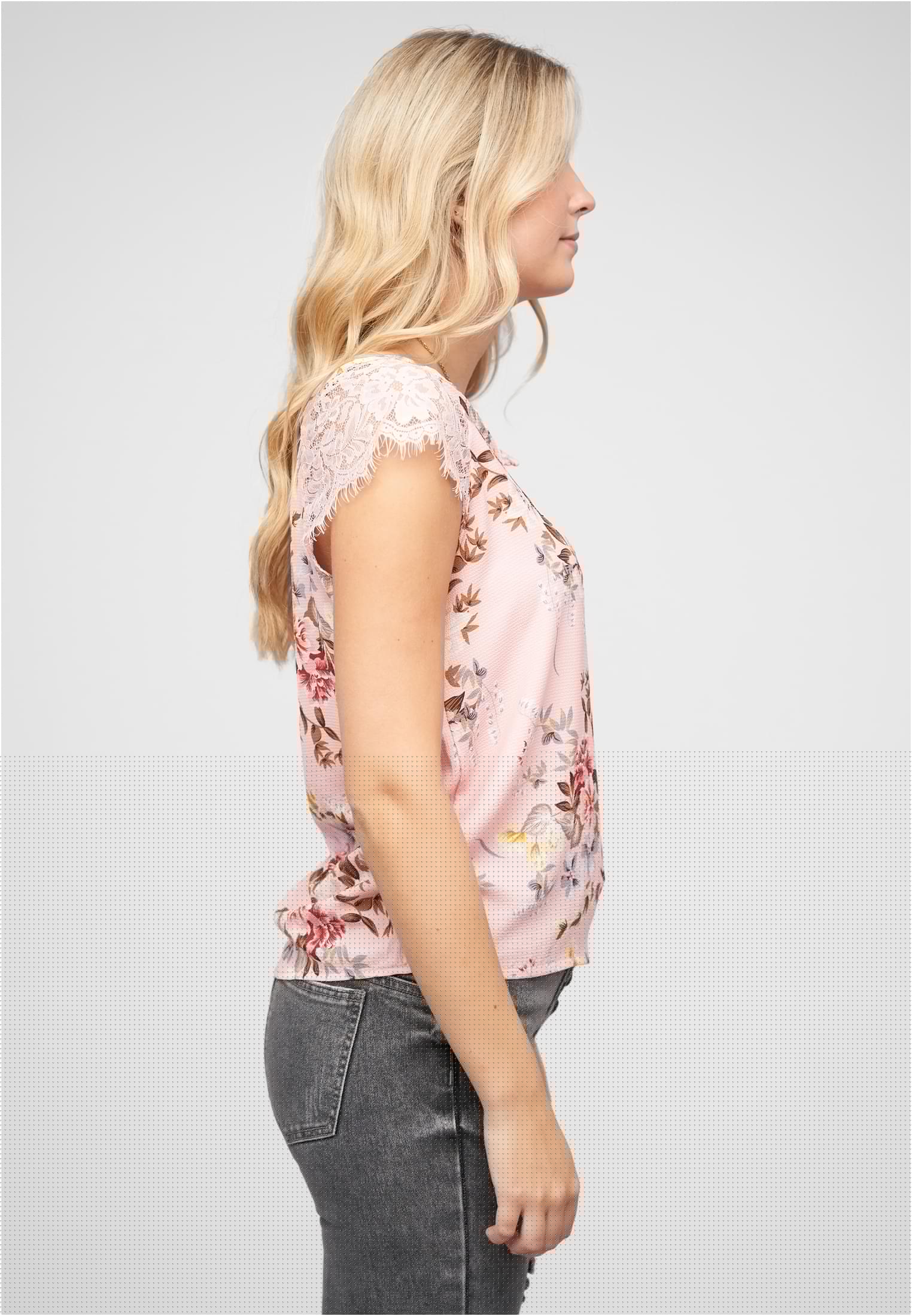 Spitzen Top mit V-Neck und Blumen Print rosa L - variant image 3