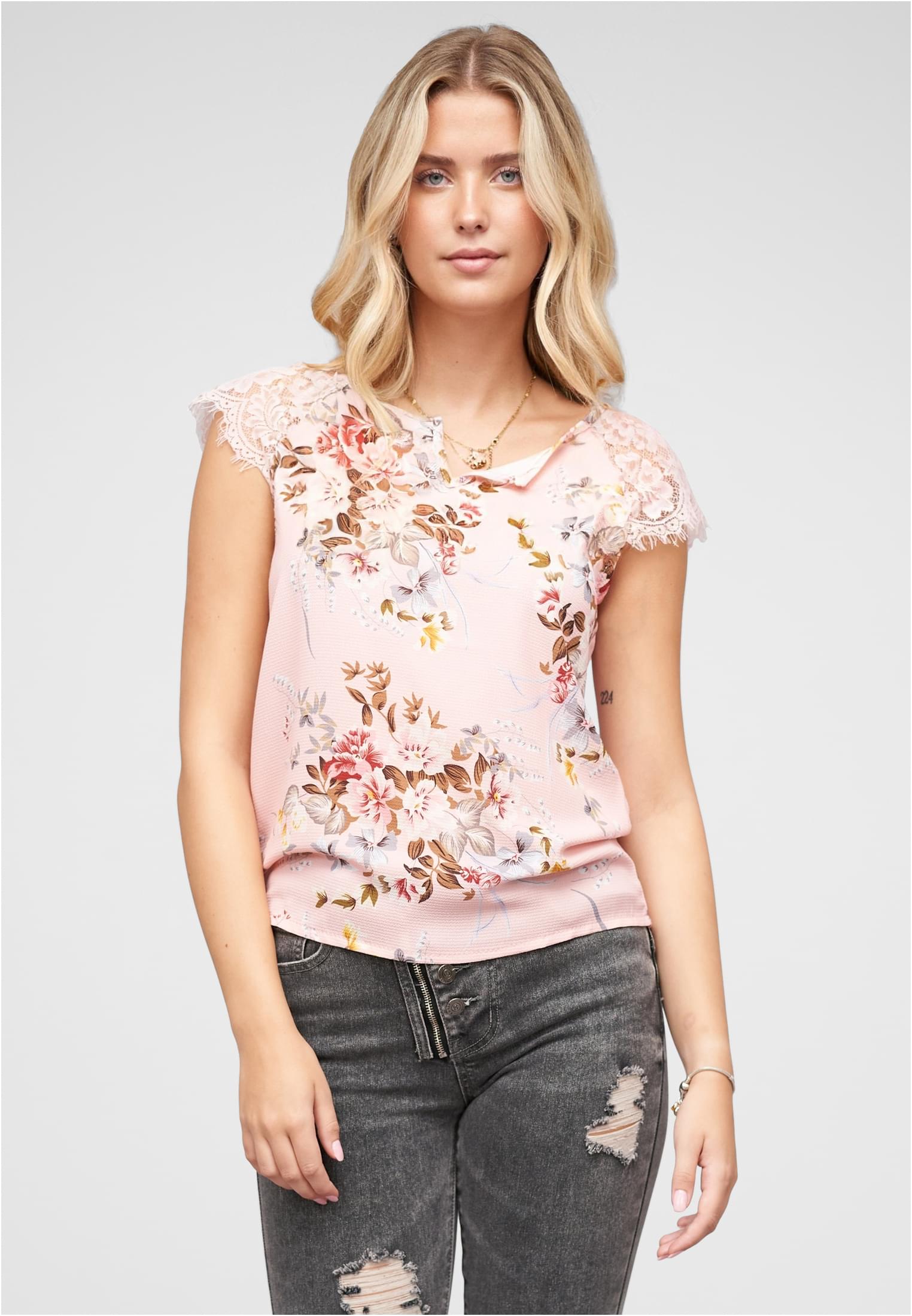 Spitzen Top mit V-Neck und Blumen Print rosa L - alternate variant 1