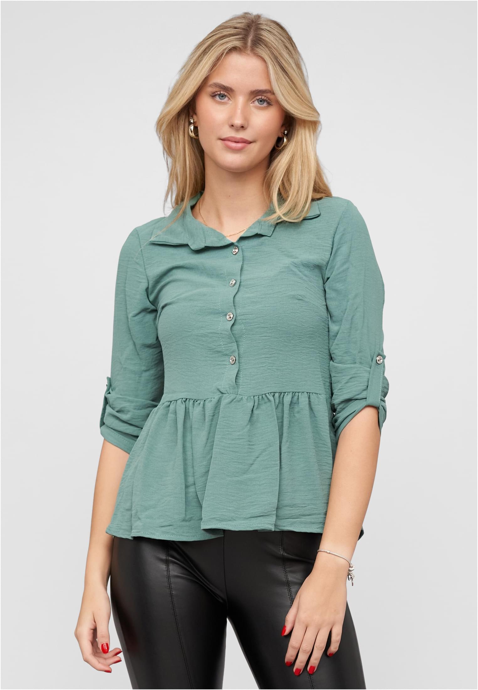 Turn-Up Schösschen Bluse mit Knopfleiste green L - alternate variant 1