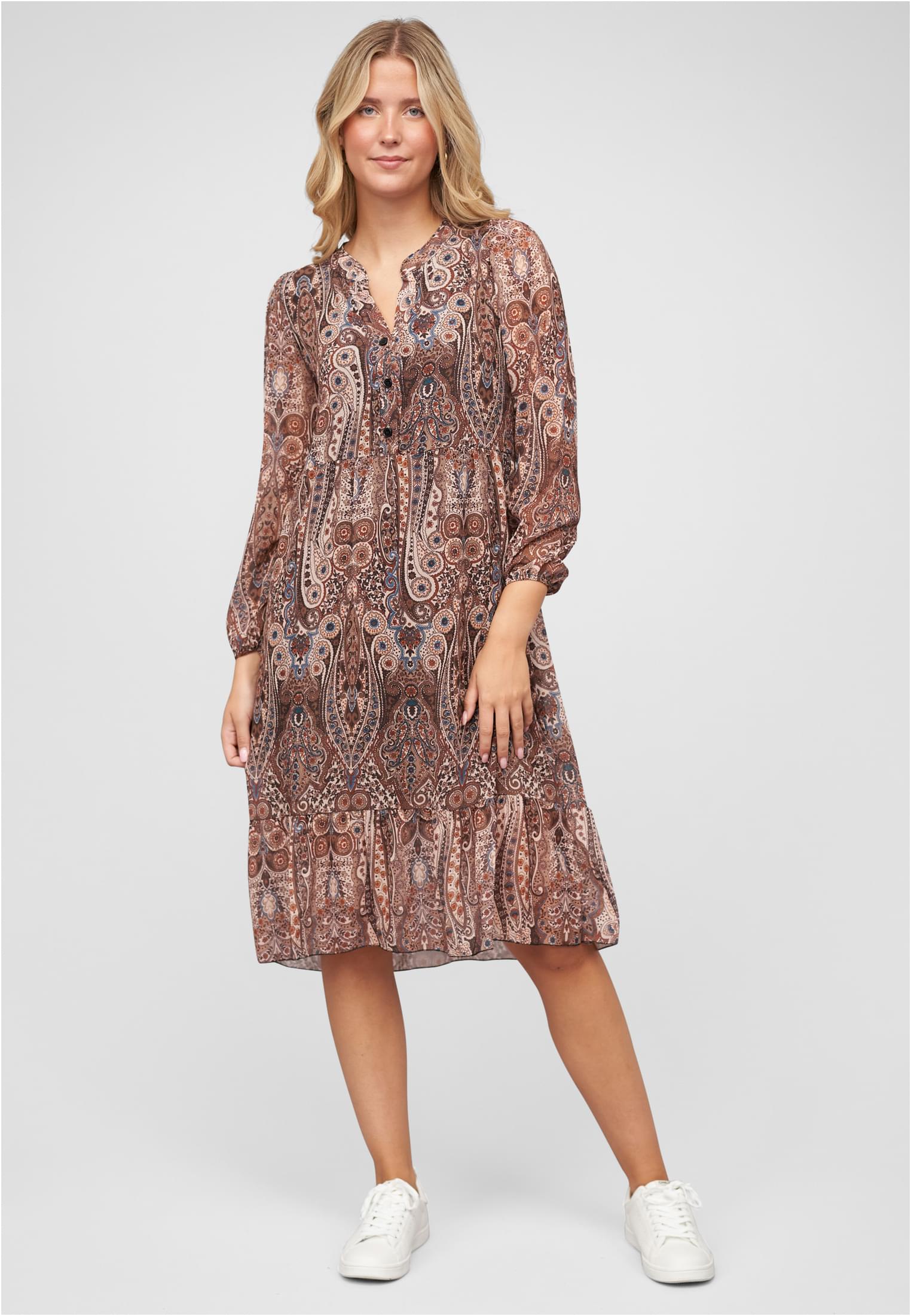 V-Neck Kleid mit Knopfleiste Paisley Print 2-lagig brown/beige L - variant image 4