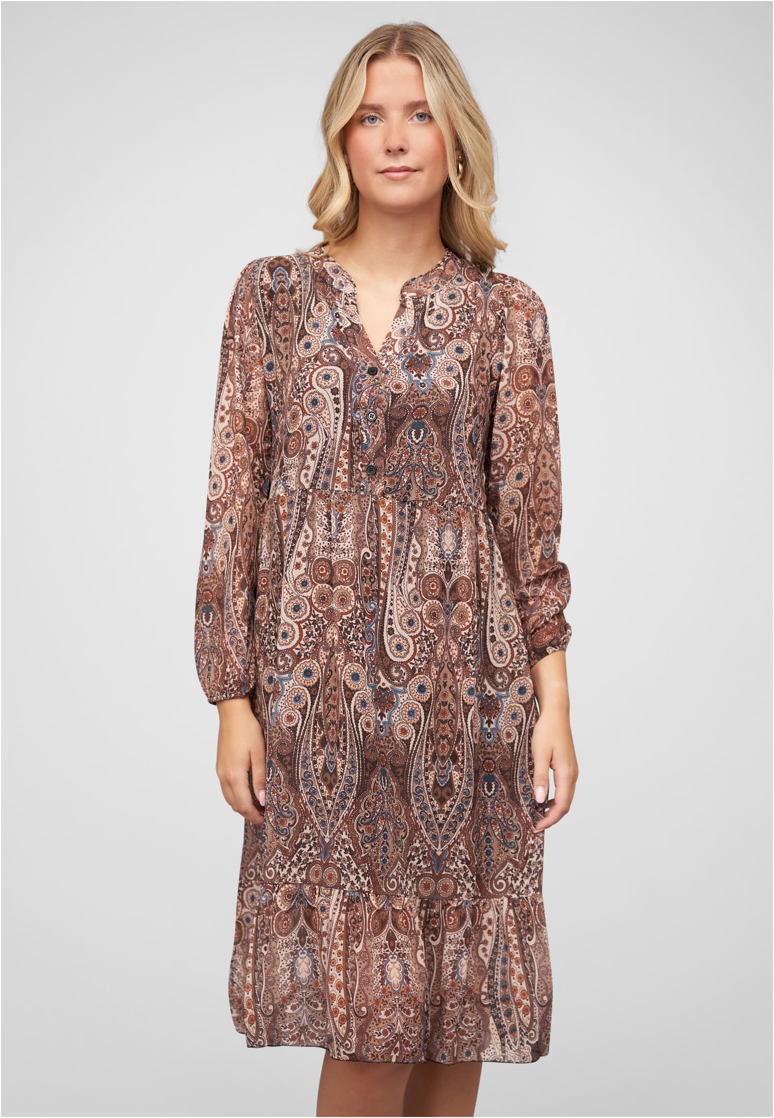 V-Neck Kleid mit Knopfleiste Paisley Print 2-lagig brown/beige L - alternate variant 1