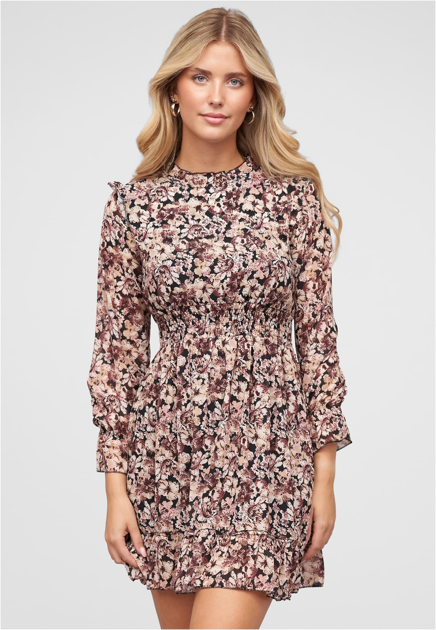 Chiffon Kleid mit Stehkragen Rüschen & Blumen Print brown L - alternate variant 1