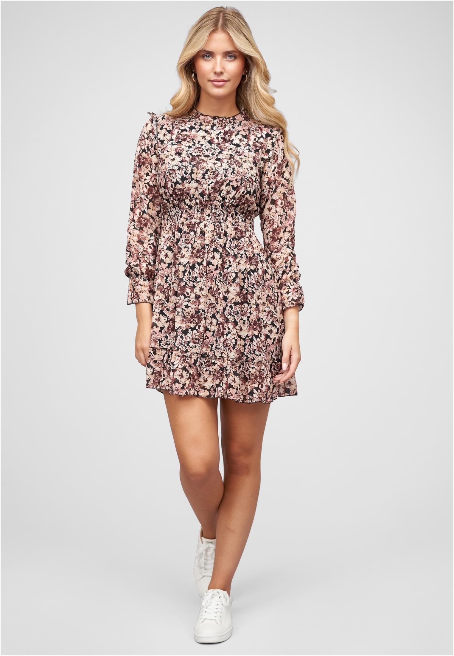 Chiffon Kleid mit Stehkragen Rüschen & Blumen Print brown L - variant image 4