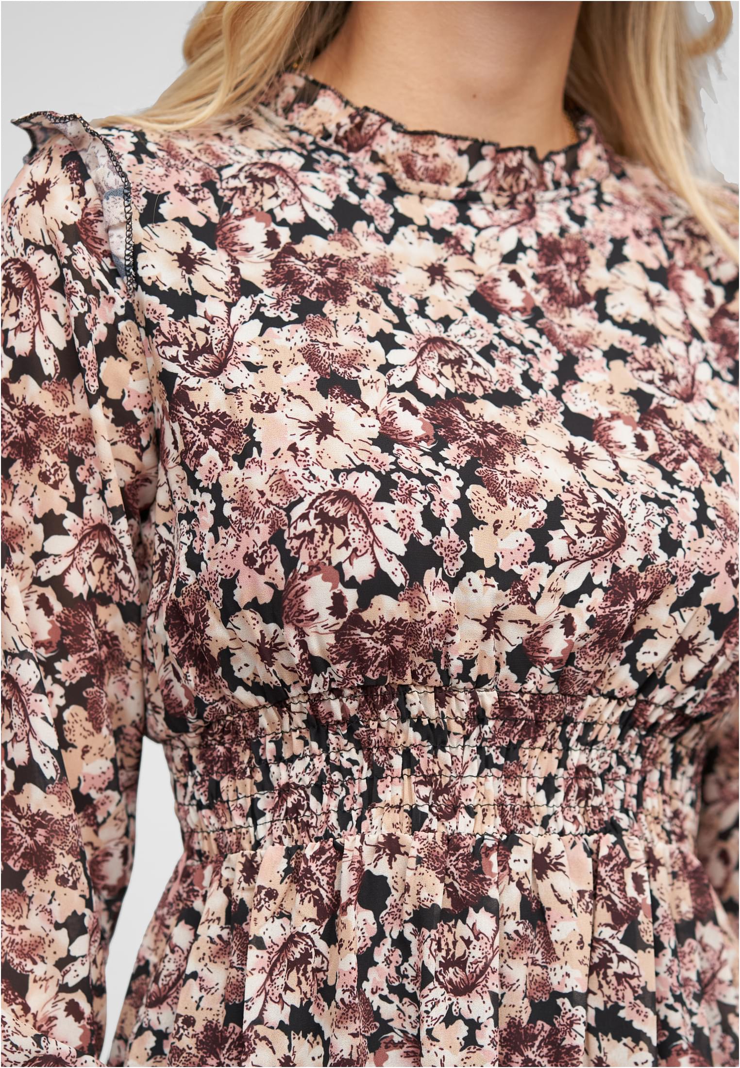 Chiffon Kleid mit Stehkragen Rüschen & Blumen Print brown L - variant image 5