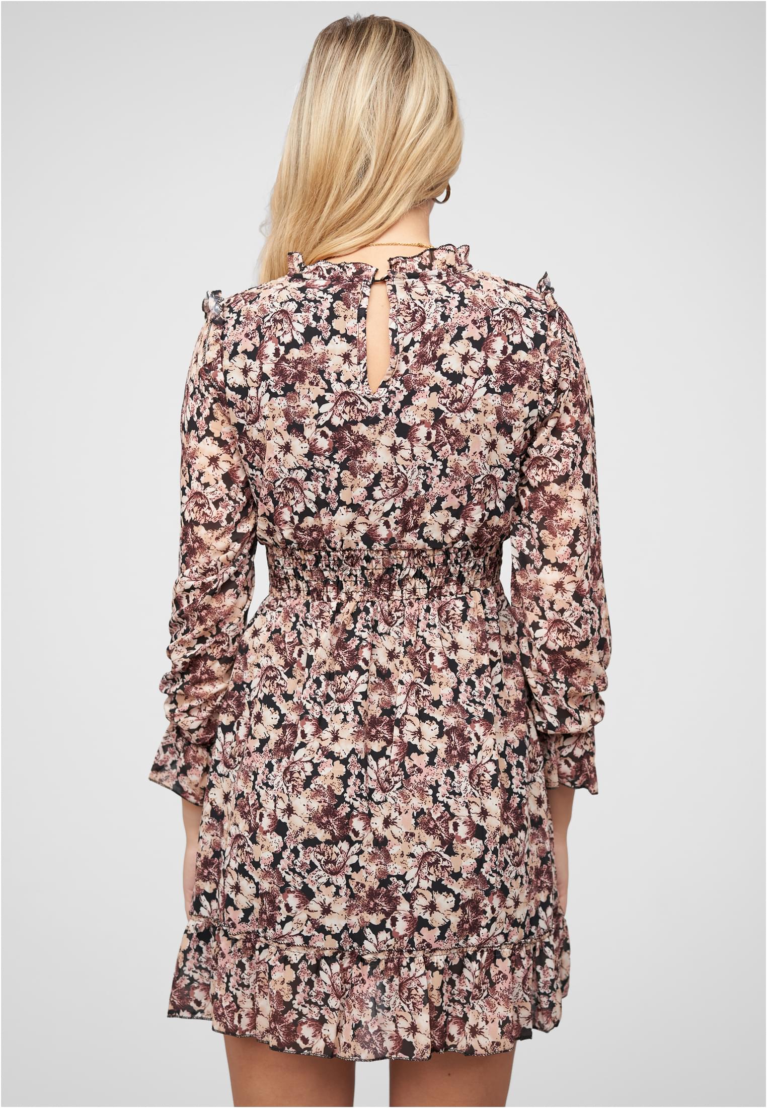 Chiffon Kleid mit Stehkragen Rüschen & Blumen Print brown L - variant image 2