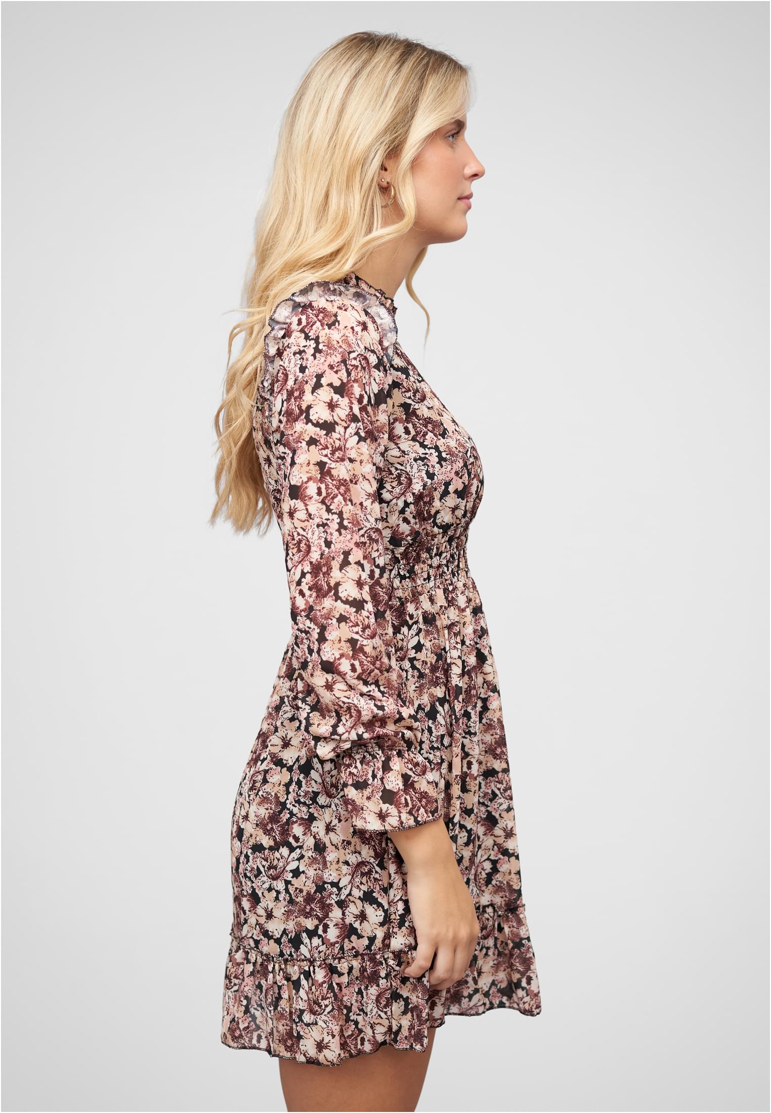 Chiffon Kleid mit Stehkragen Rüschen & Blumen Print brown L - variant image 3