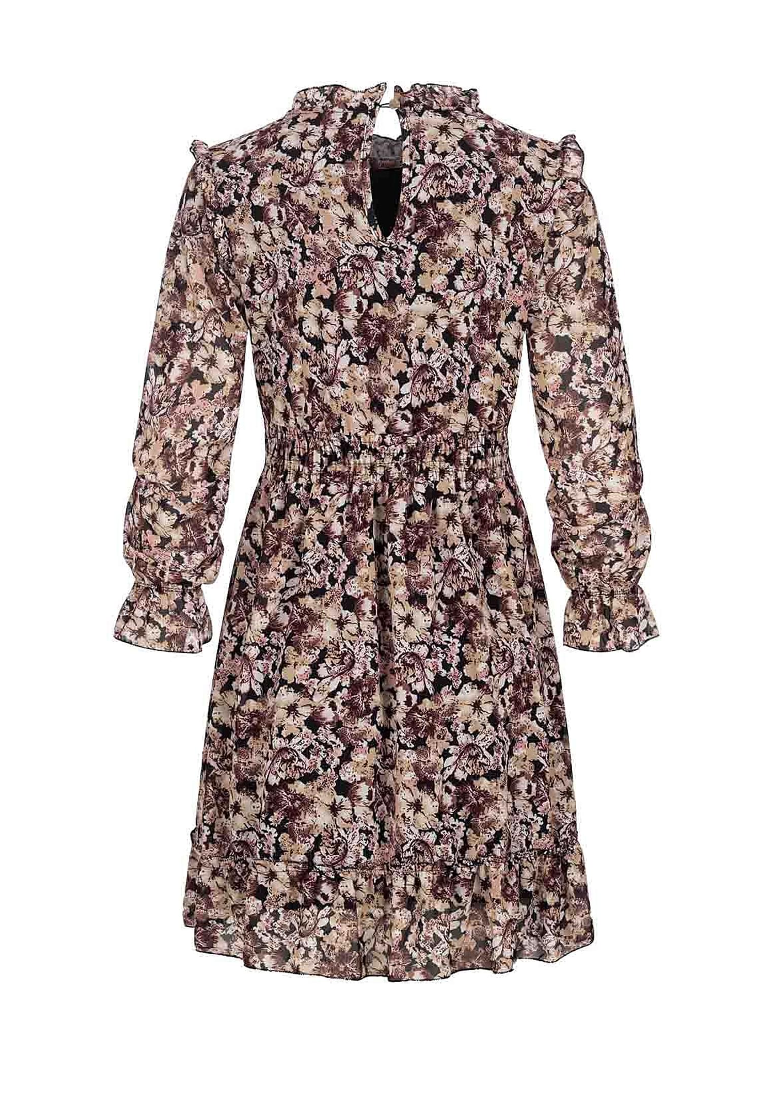 Chiffon Kleid mit Stehkragen Rüschen & Blumen Print brown L - variant image 7