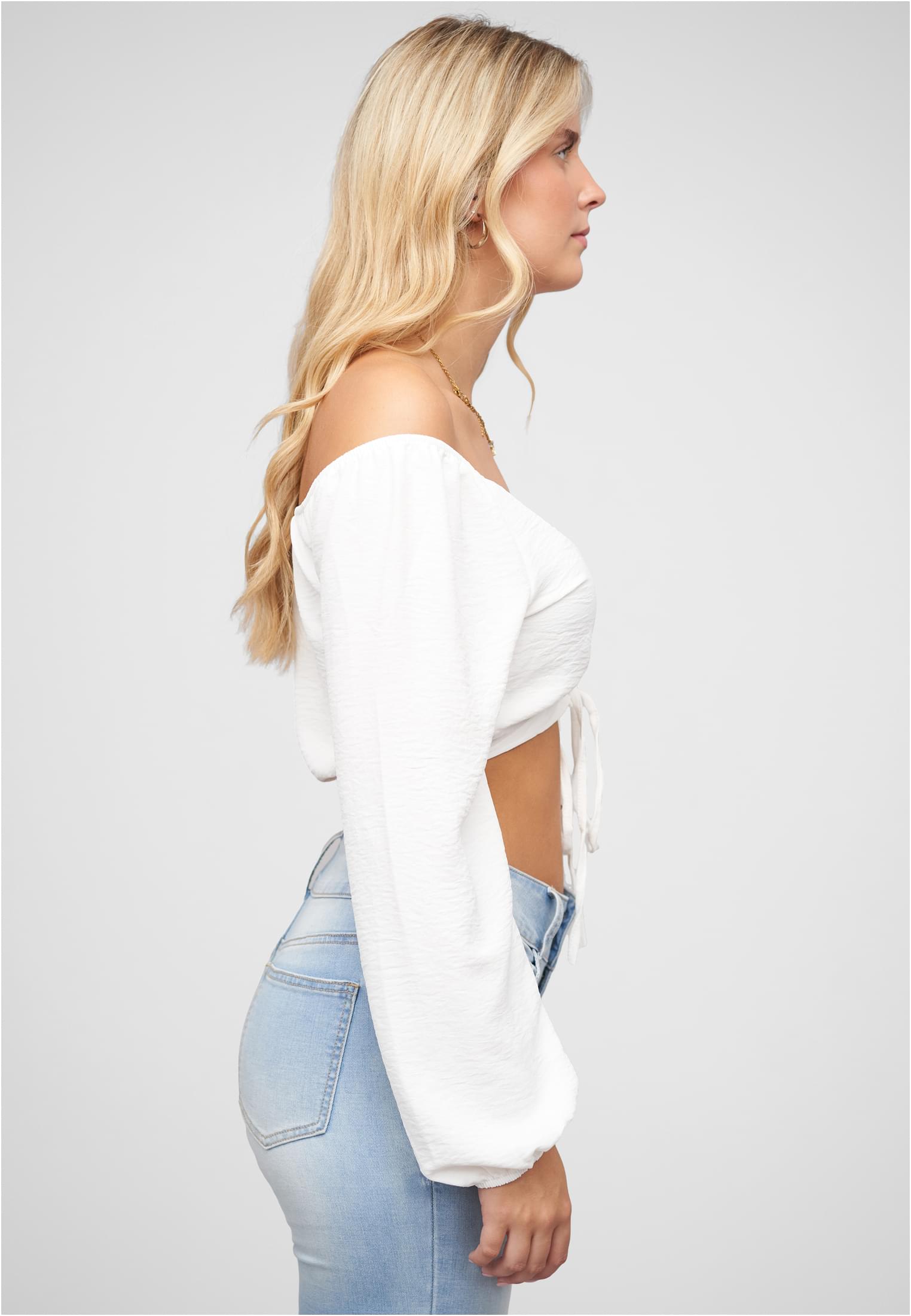 Kurze V-Neck Bluse mit Ballonärmeln & Raffdetail vorne beige L - variant image 3