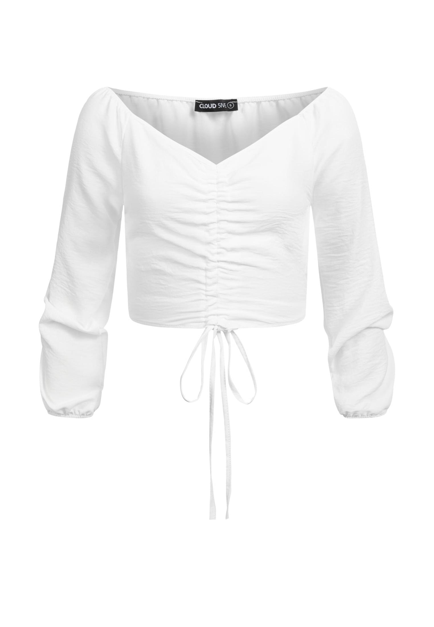Kurze V-Neck Bluse mit Ballonärmeln & Raffdetail vorne beige L - variant image 6