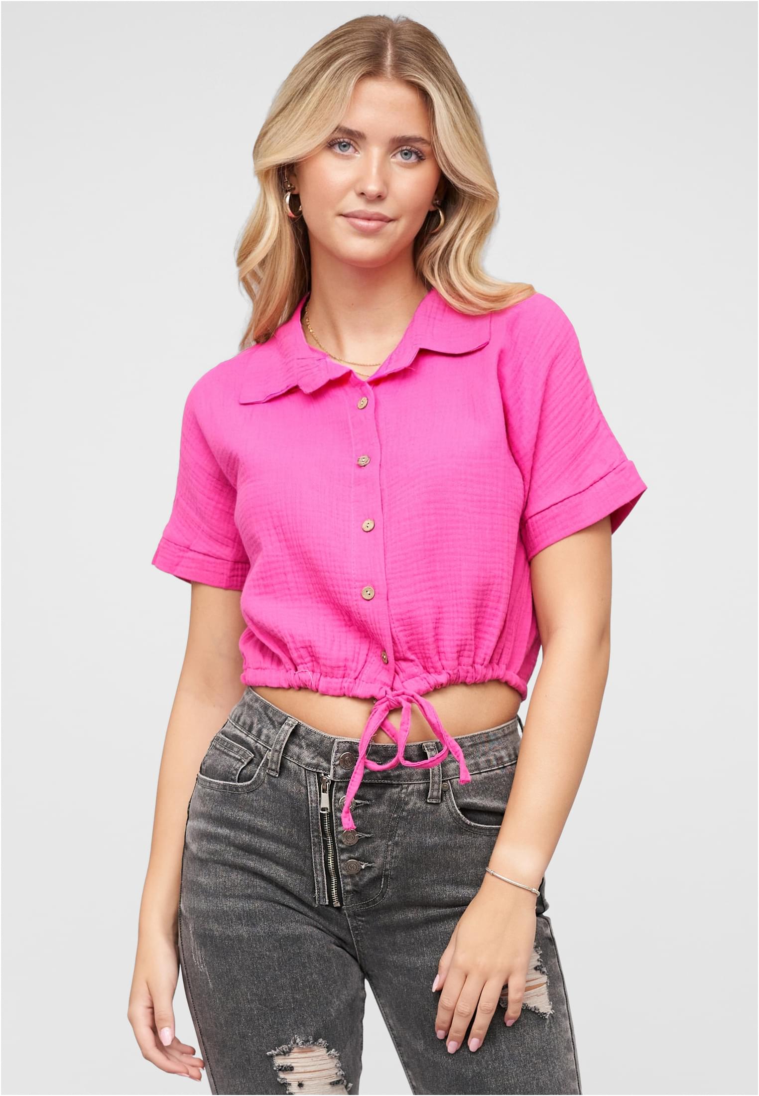 Cropped Baumwoll Bluse mit Knopfleiste & Tunnelzug fuchsia L - alternate variant 1