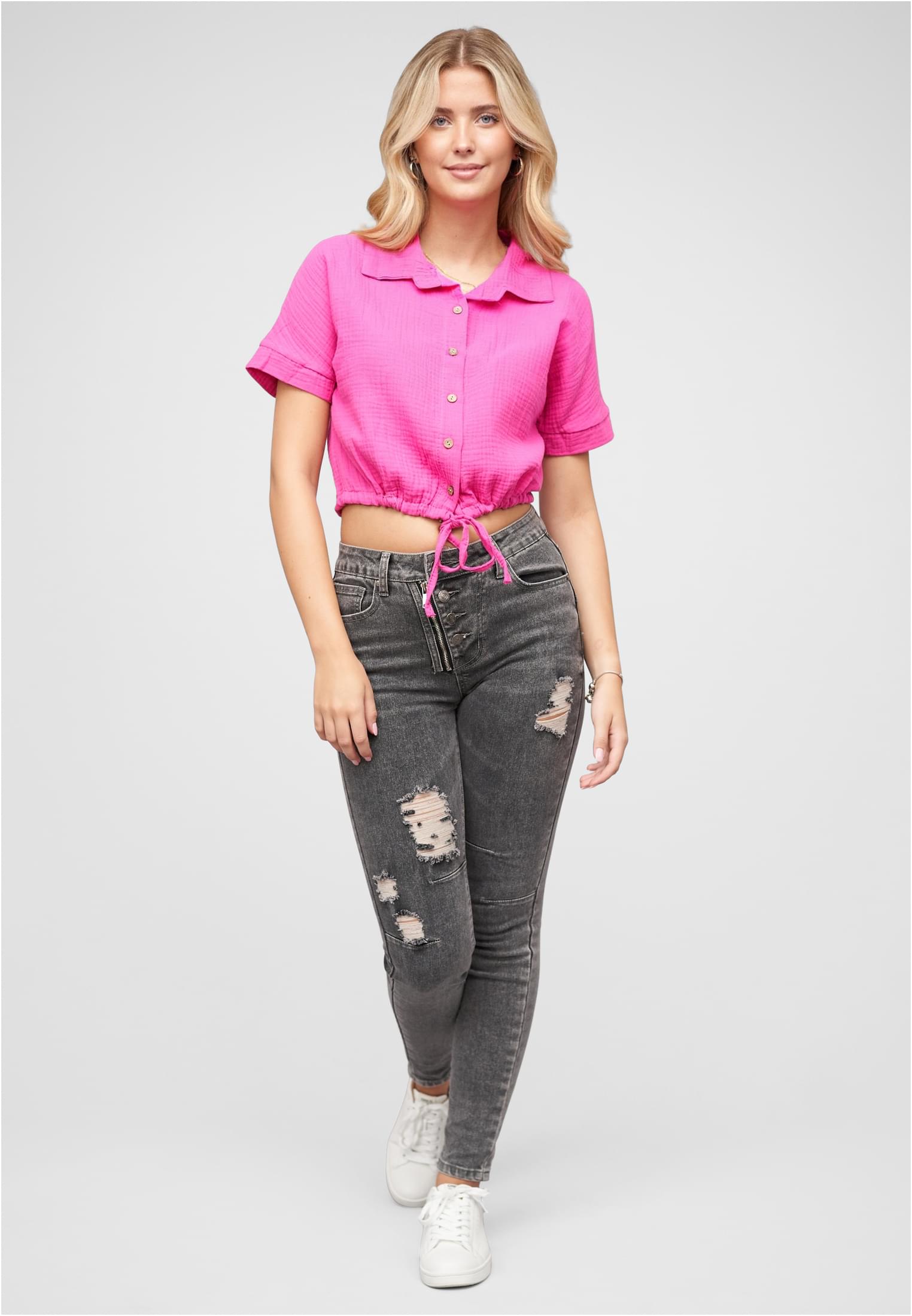 Cropped Baumwoll Bluse mit Knopfleiste & Tunnelzug fuchsia L - variant image 4