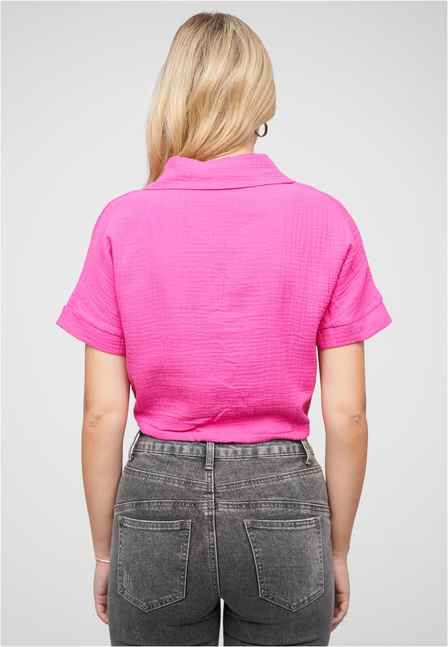 Cropped Baumwoll Bluse mit Knopfleiste & Tunnelzug fuchsia L - variant image 2