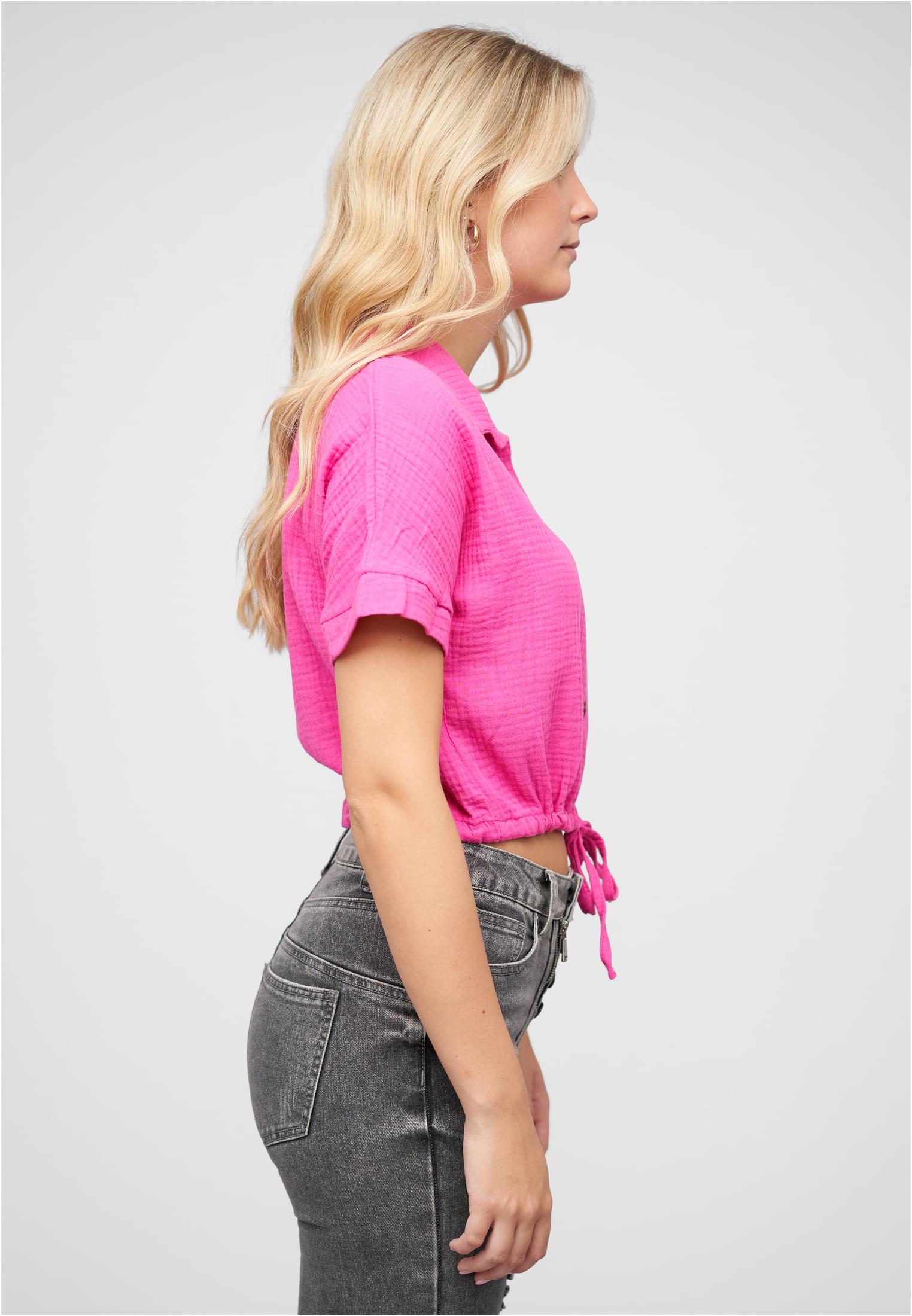 Cropped Baumwoll Bluse mit Knopfleiste & Tunnelzug fuchsia L - variant image 3