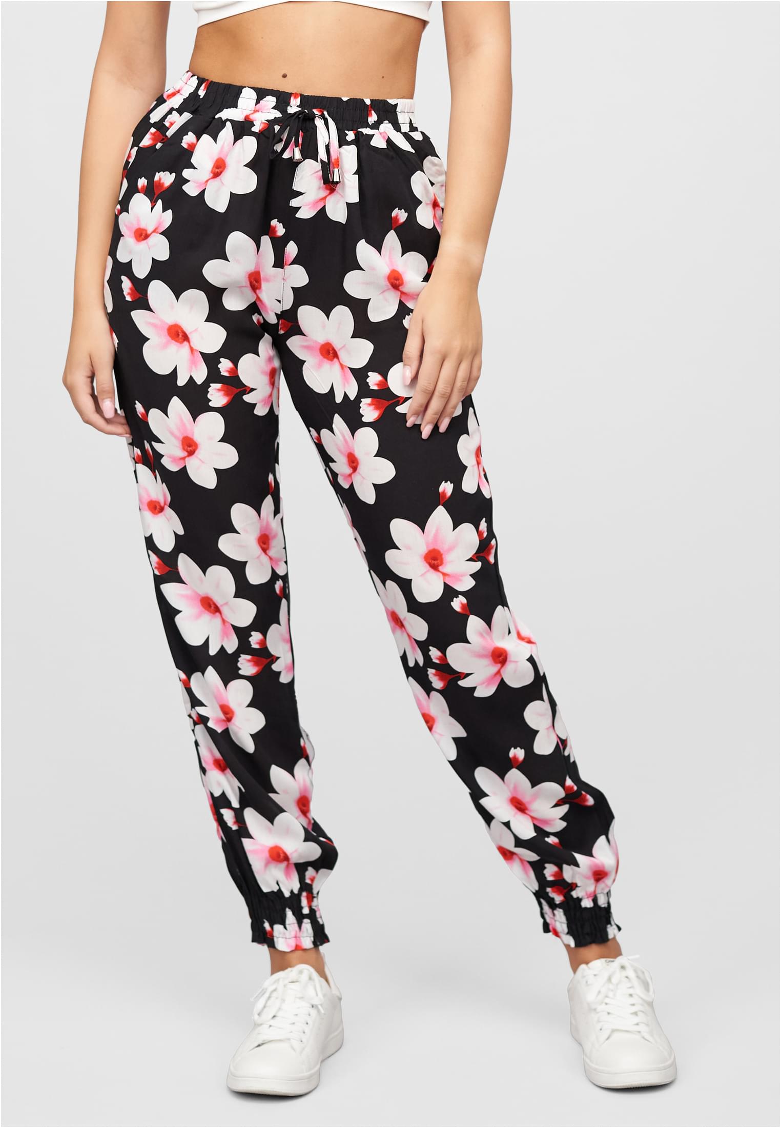 Viskose Hose mit Bündchen 2-Pockets & Big Flowers black/rose L - alternate variant 1
