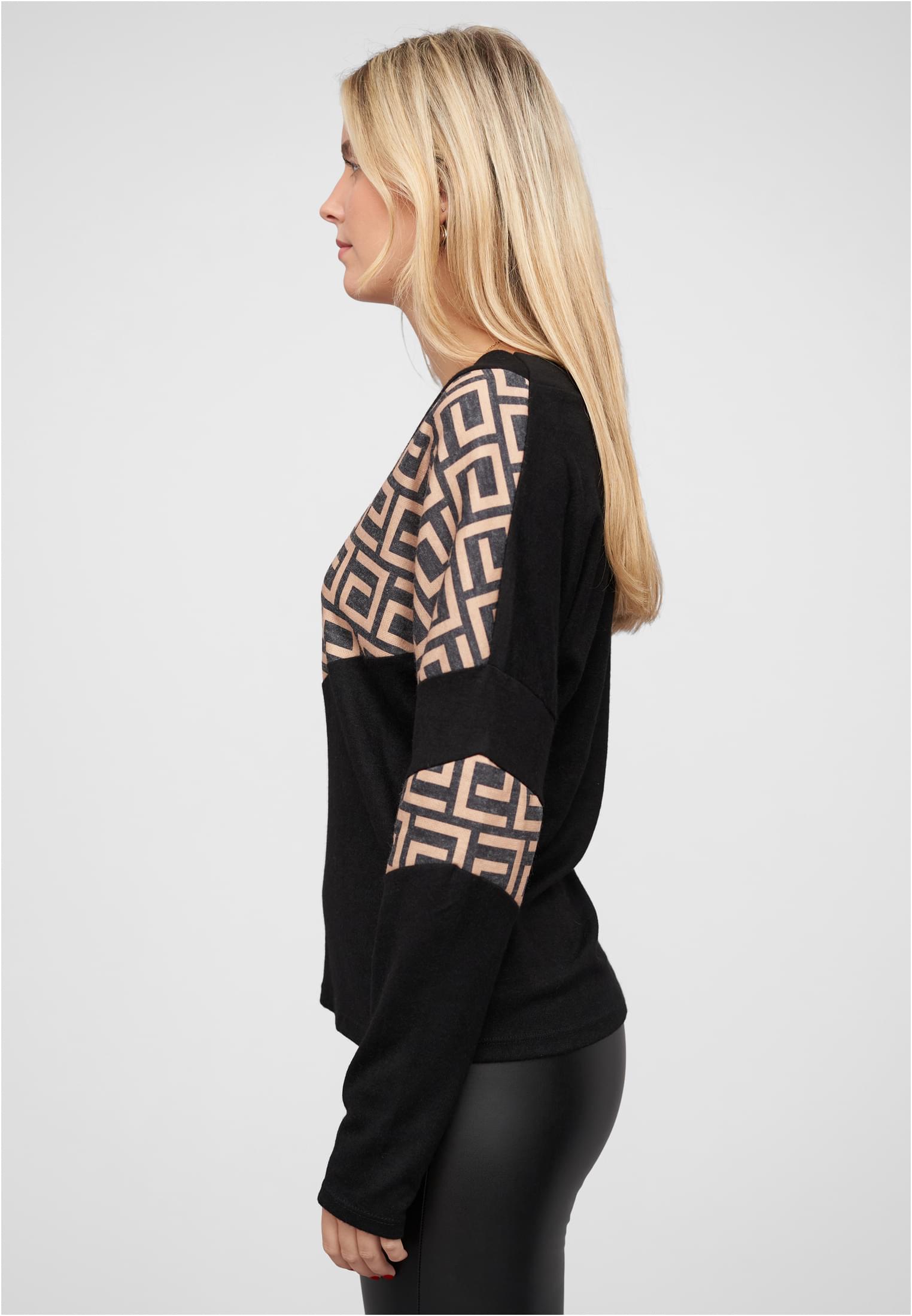 V-Neck Sweater Pullover mit Geo-Print black/beige L - variant image 1