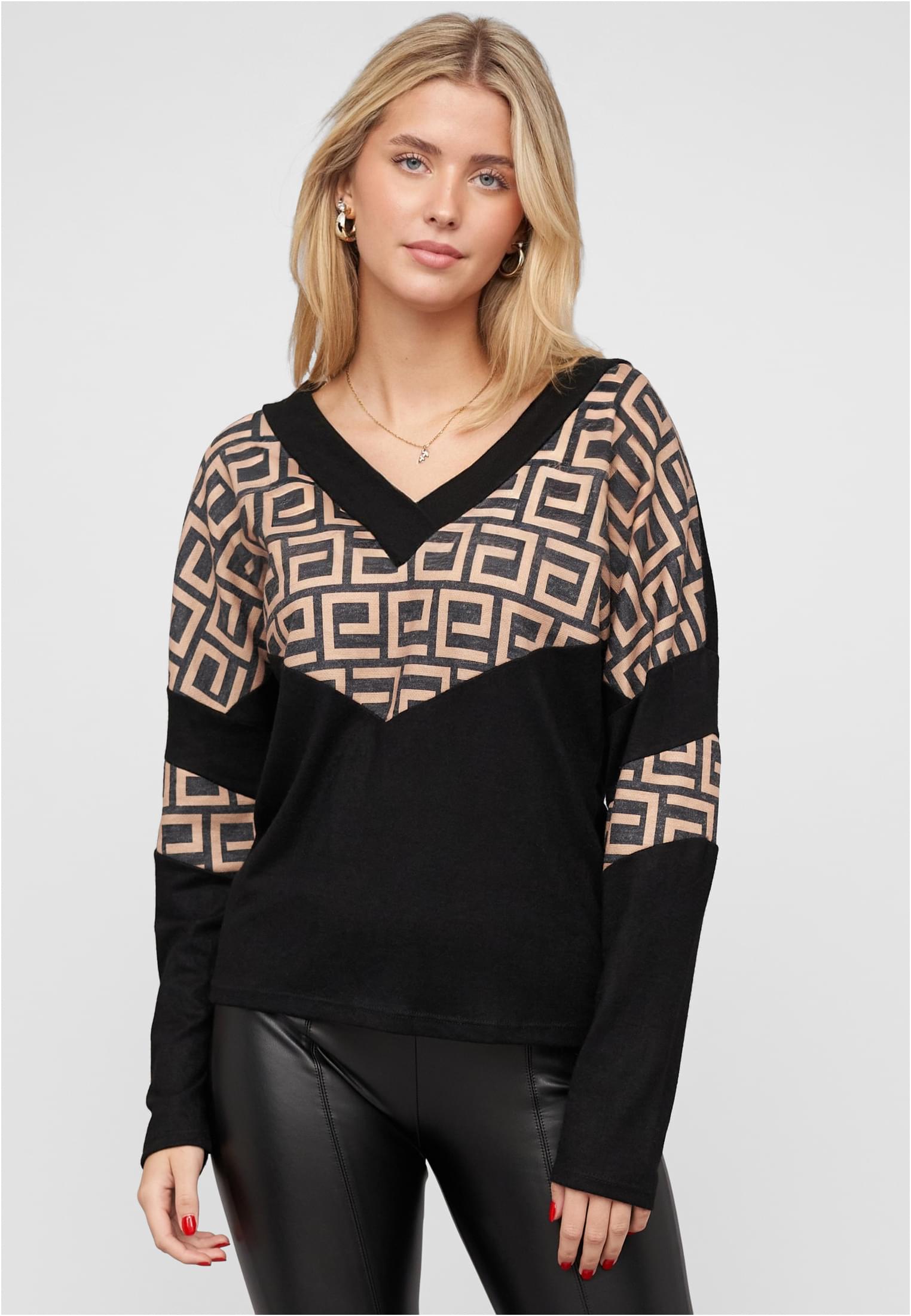 V-Neck Sweater Pullover mit Geo-Print black/beige L - alternate variant 1