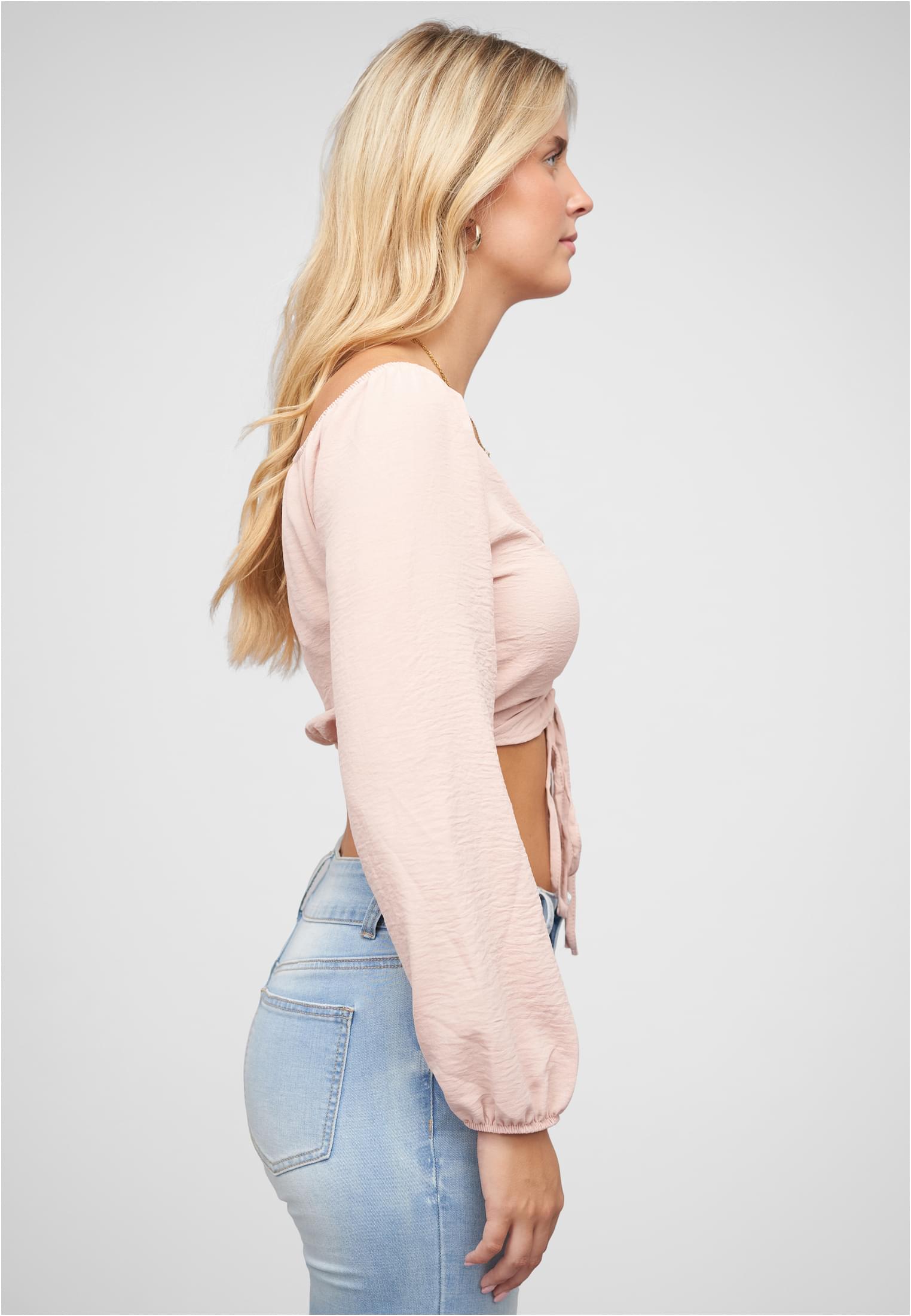 Kurze V-Neck Bluse mit Ballonärmeln & Raffdetail vorne rosa L - variant image 3
