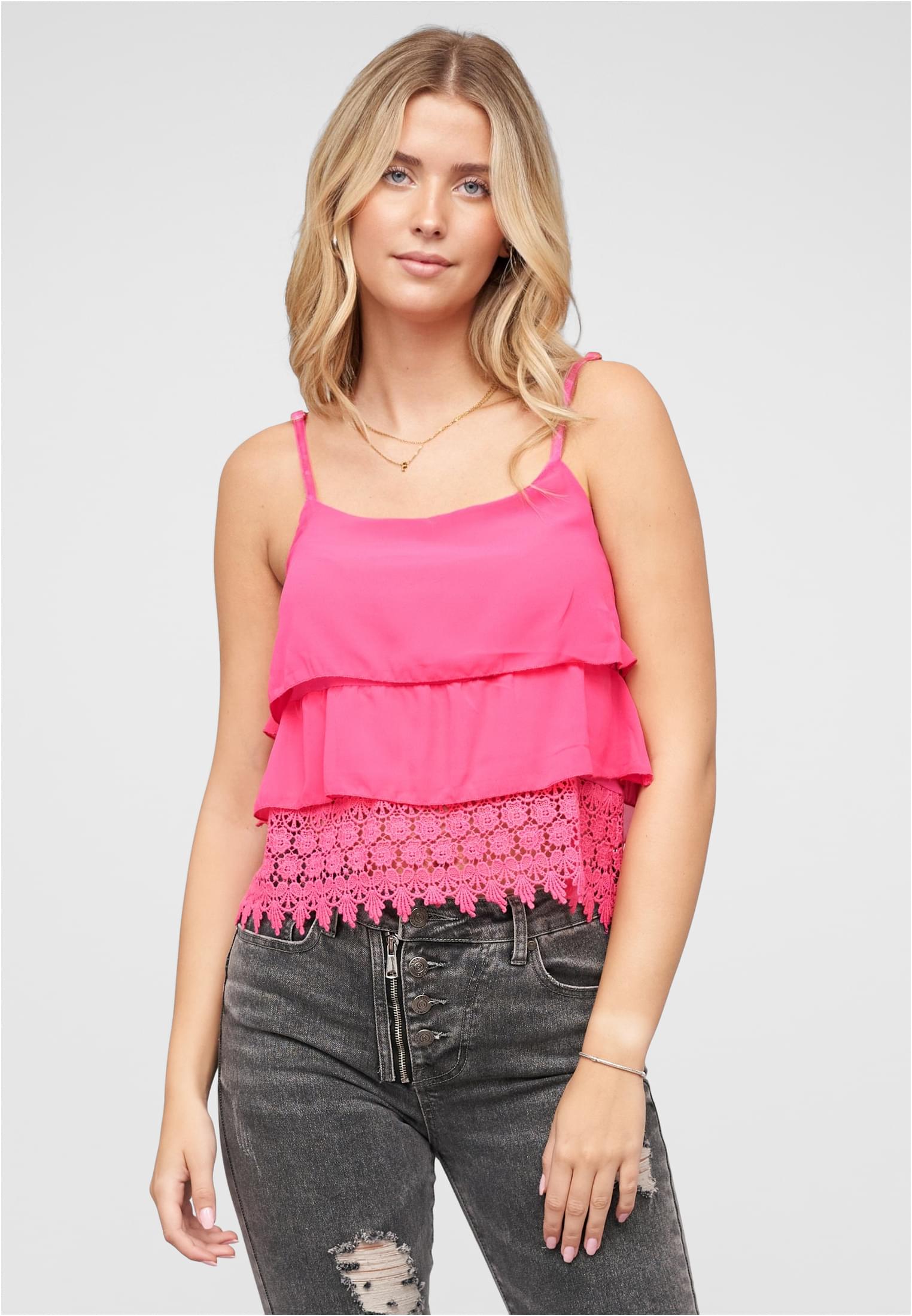 Chiffon Stufen Top mit Spitze 3-lagig dark pink L - alternate variant 1