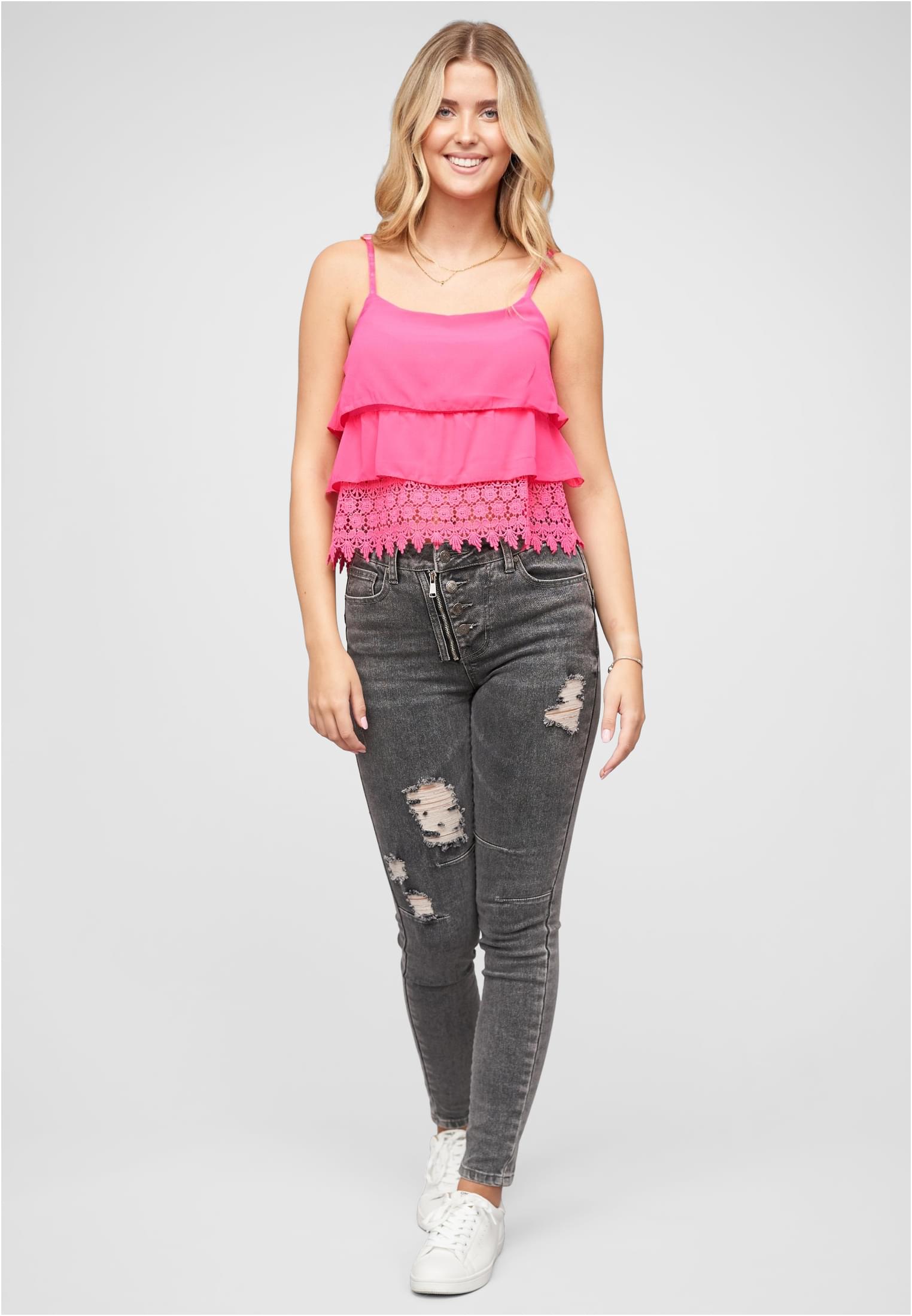 Chiffon Stufen Top mit Spitze 3-lagig dark pink L - variant image 4