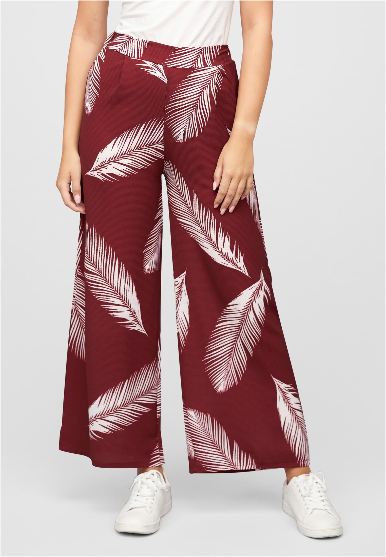 Sommerhose mit weitem Beinschnitt und Federprint bordeaux L - alternate variant 1