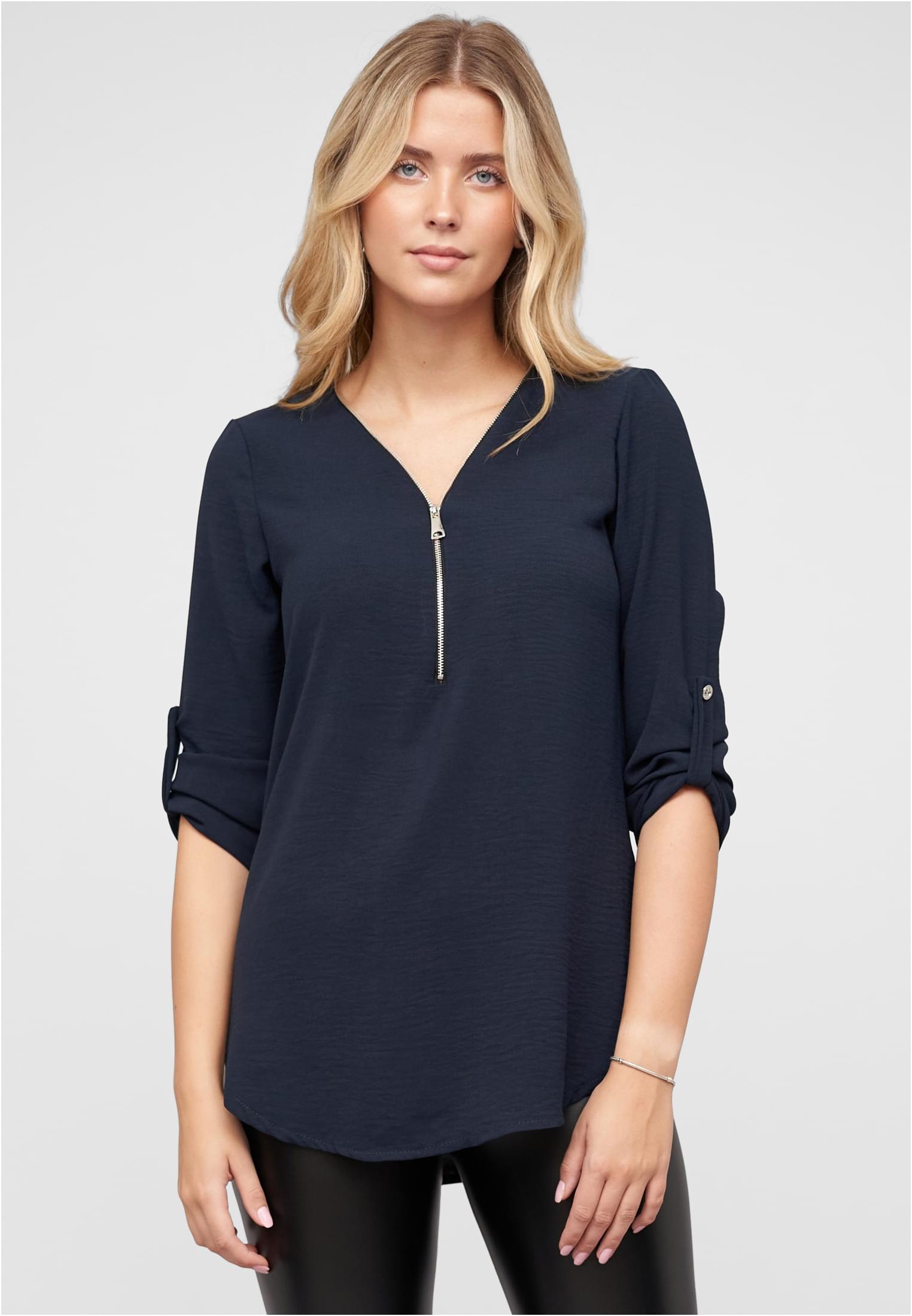 Musselin Bluse mit Turn-Up-Ärmeln und Zipper navy L - alternate variant 1