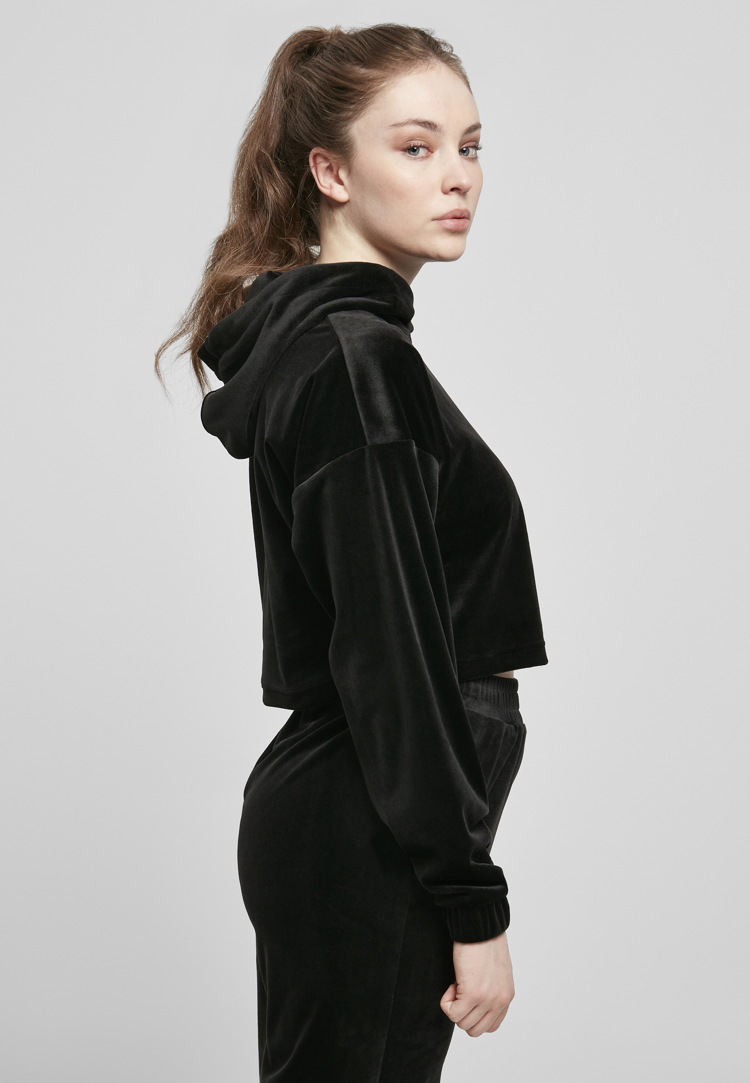 Ladies Cropped Velvet Oversized Hoody black 3XL - variant image 3