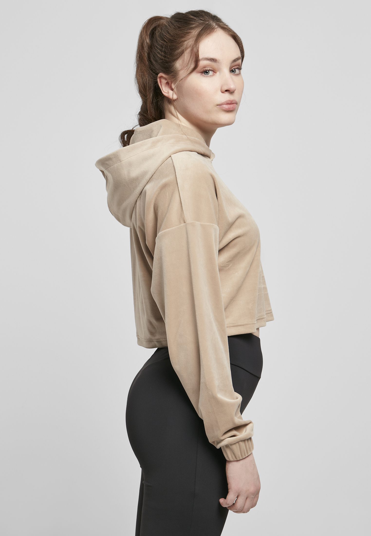 Ladies Cropped Velvet Oversized Hoody softtaupe 3XL - variant image 3