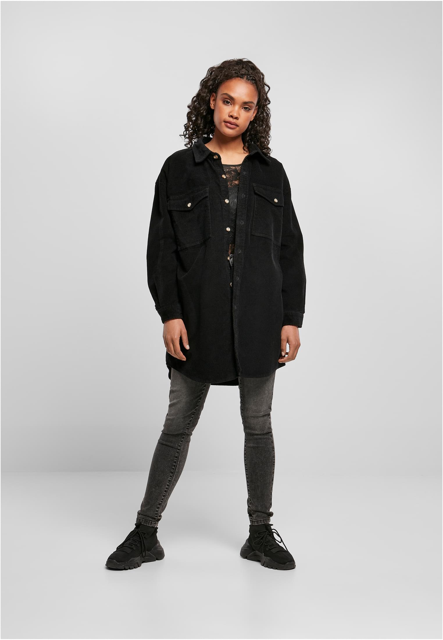 Ladies Long Corduroy Overshirt black 3XL - variant image 4