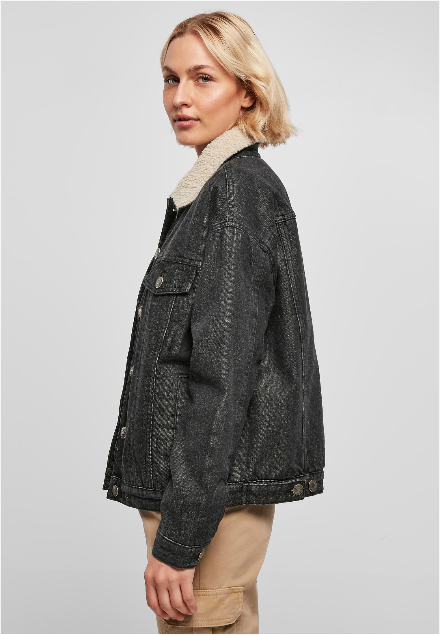 Ladies Oversized Sherpa Denim Jacket black washed 3XL - variant image 1