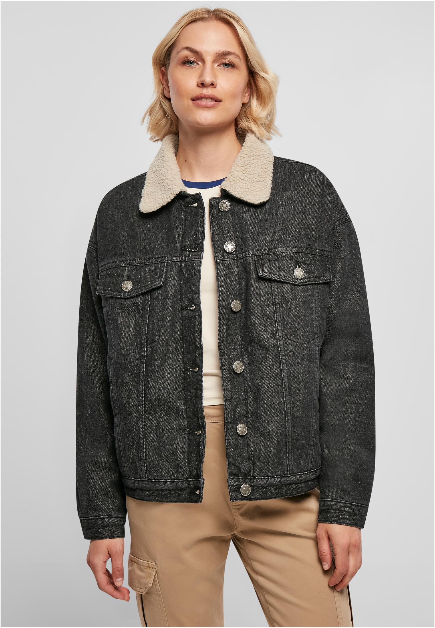 Ladies Oversized Sherpa Denim Jacket black washed 3XL - alternate variant 1