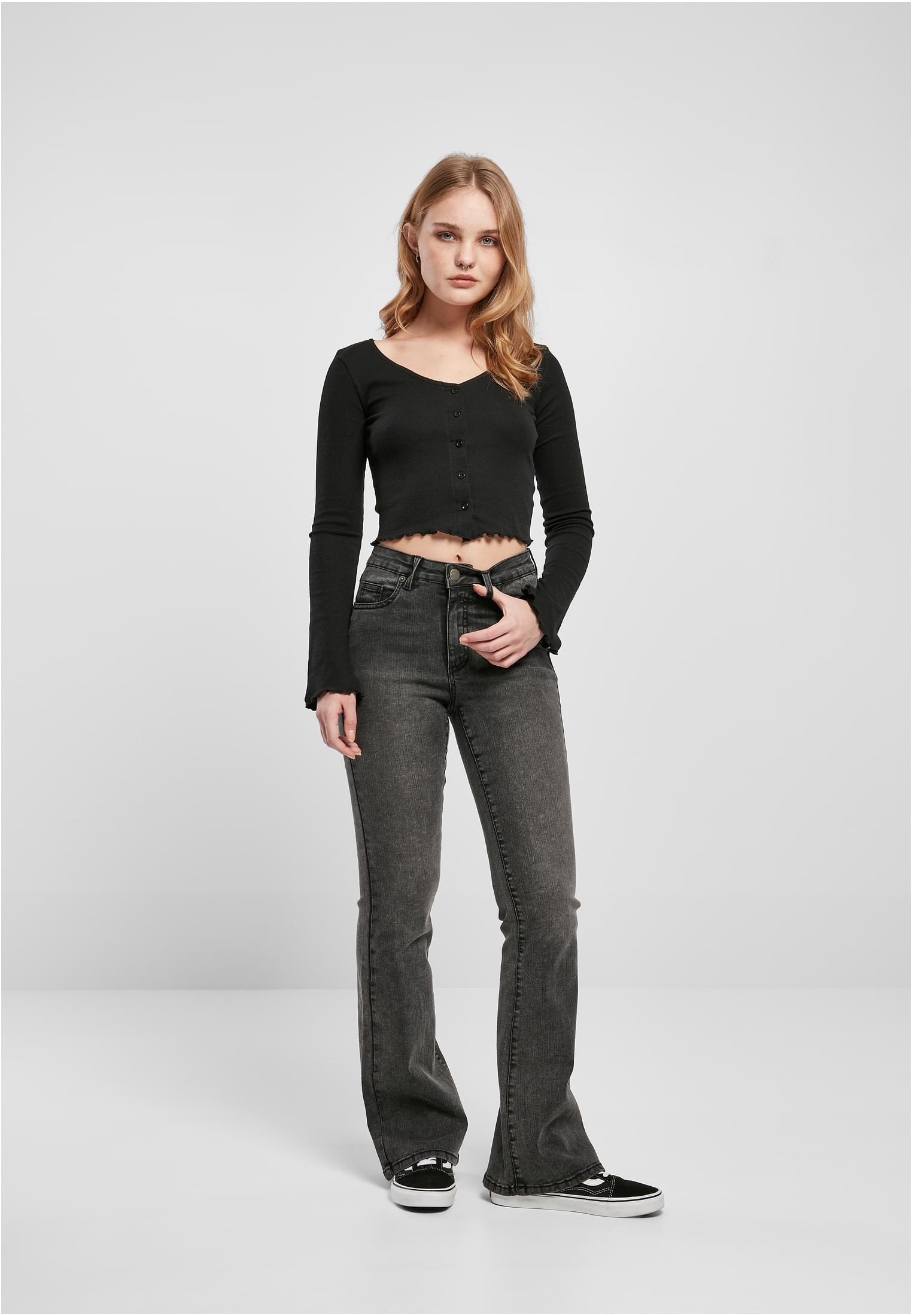 Ladies High Waist Flared Denim Pants black heavy acid washed 26 - variant image 4