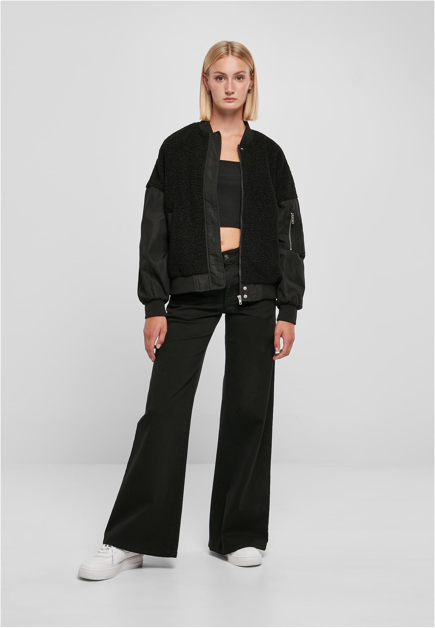 Ladies Oversized Sherpa Mixed Bomber Jacket black 3XL - variant image 4