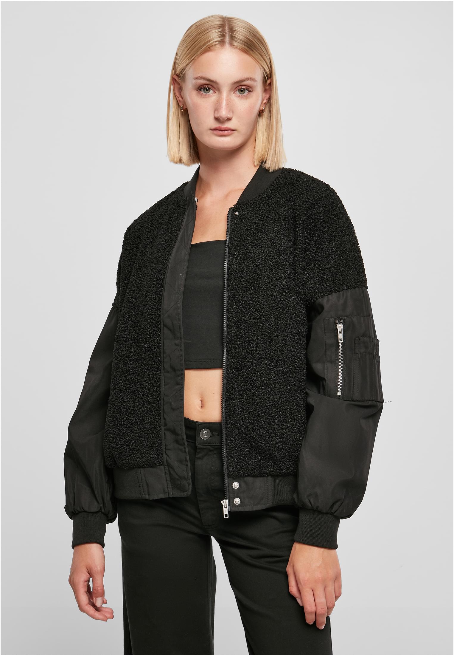 Ladies Oversized Sherpa Mixed Bomber Jacket black 3XL - alternate variant 1