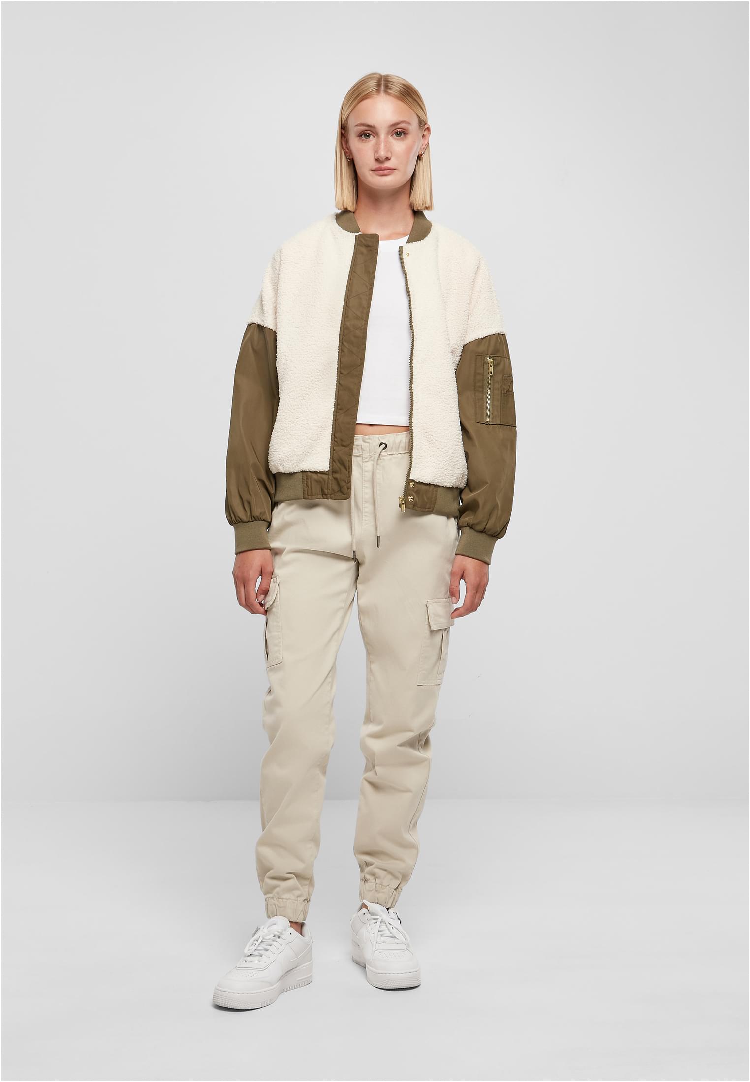 Ladies Oversized Sherpa Mixed Bomber Jacket whitesand/darkolive 3XL - variant image 4