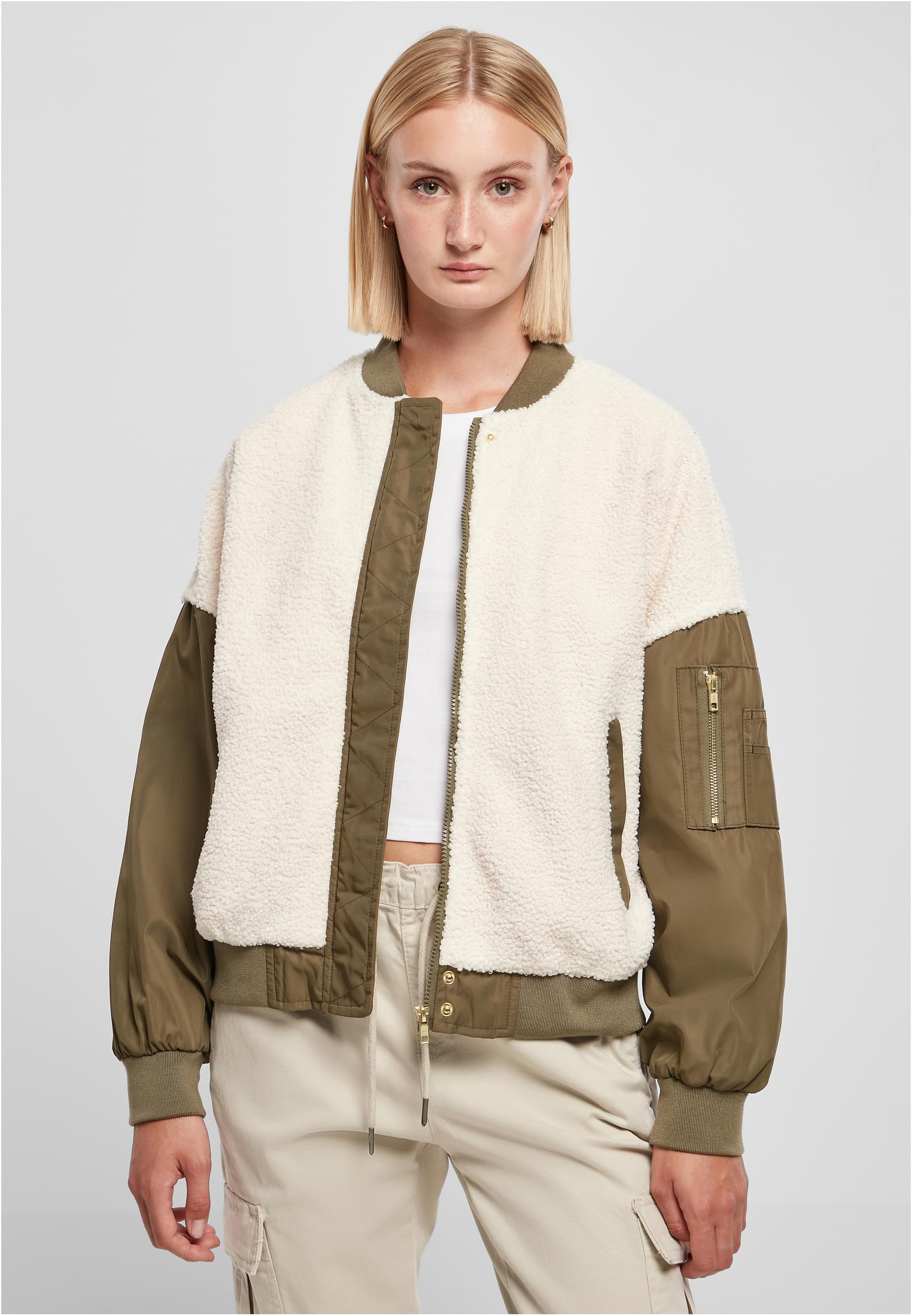 Ladies Oversized Sherpa Mixed Bomber Jacket whitesand/darkolive 3XL - alternate variant 2