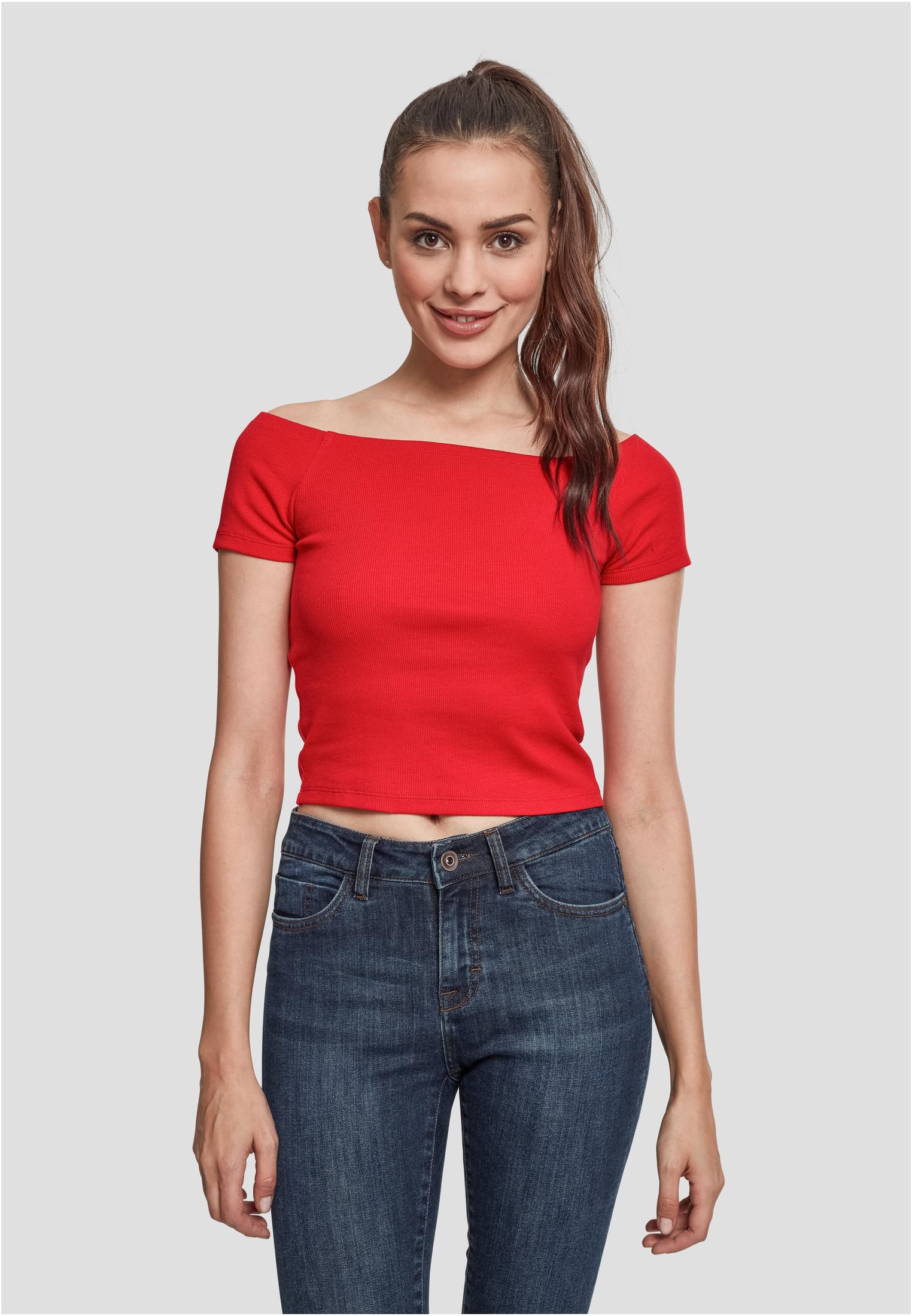 レディース オフショルダー リブ Tシャツ 火の赤 L
 - variant image 4