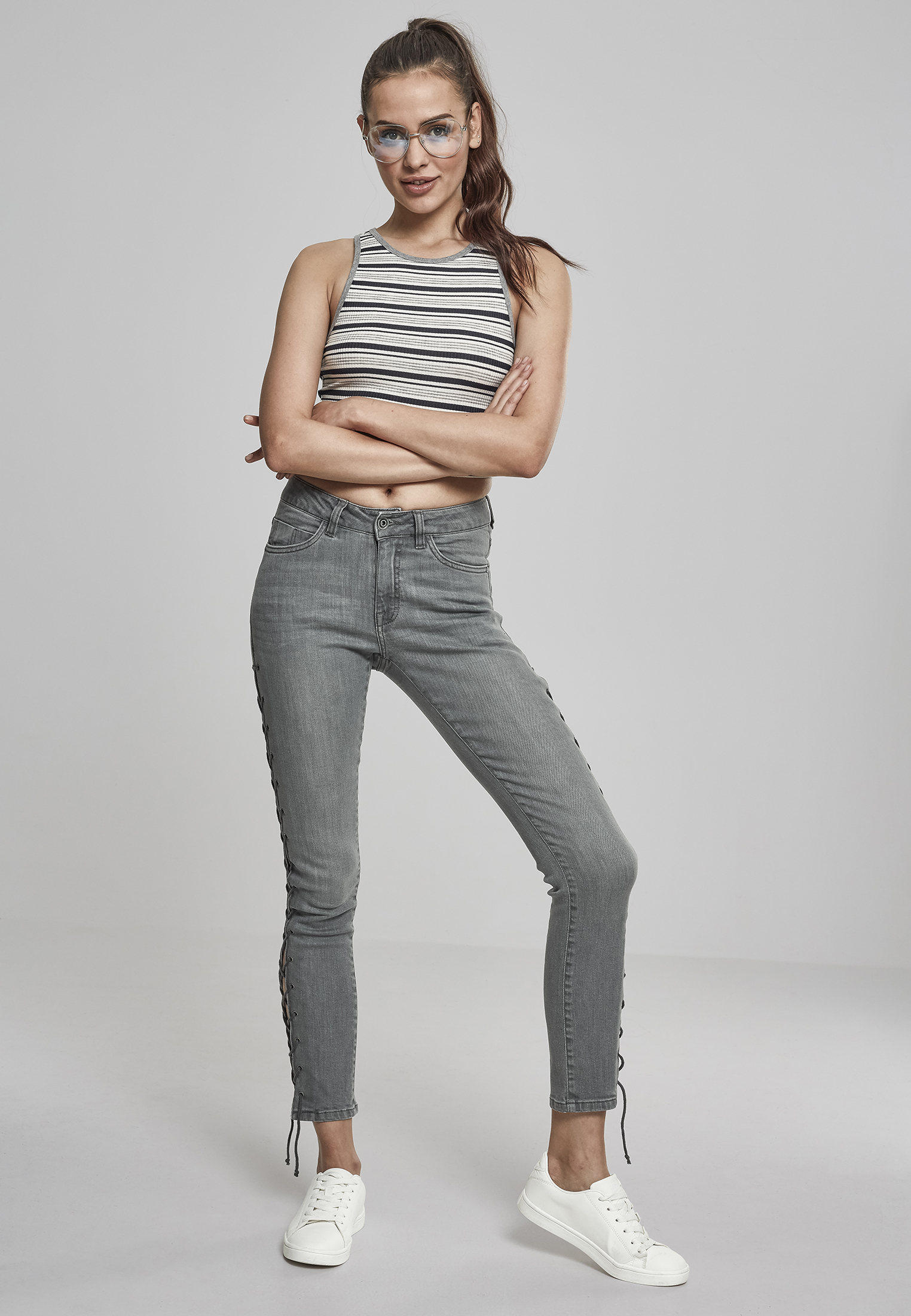 Femme Top à rayures côtes courtes marine/blanc/gris
 - variant image 4